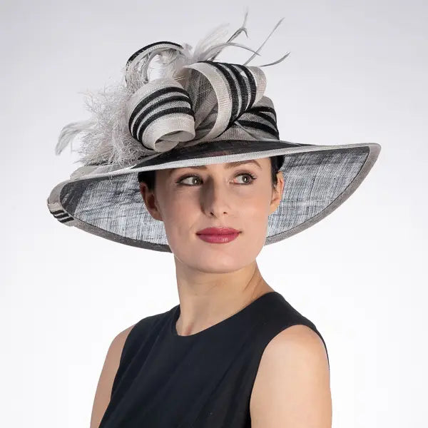 Striped Bow Feather Wide Sinamay Hat For Women