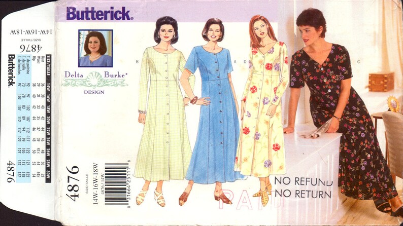 Butterick 4876 Delta Burke Dress with Neckline Variations, Tie Ends and Two Sleeve Lengths, Uncut, Factory Folded Sewing Pattern Size 14-18