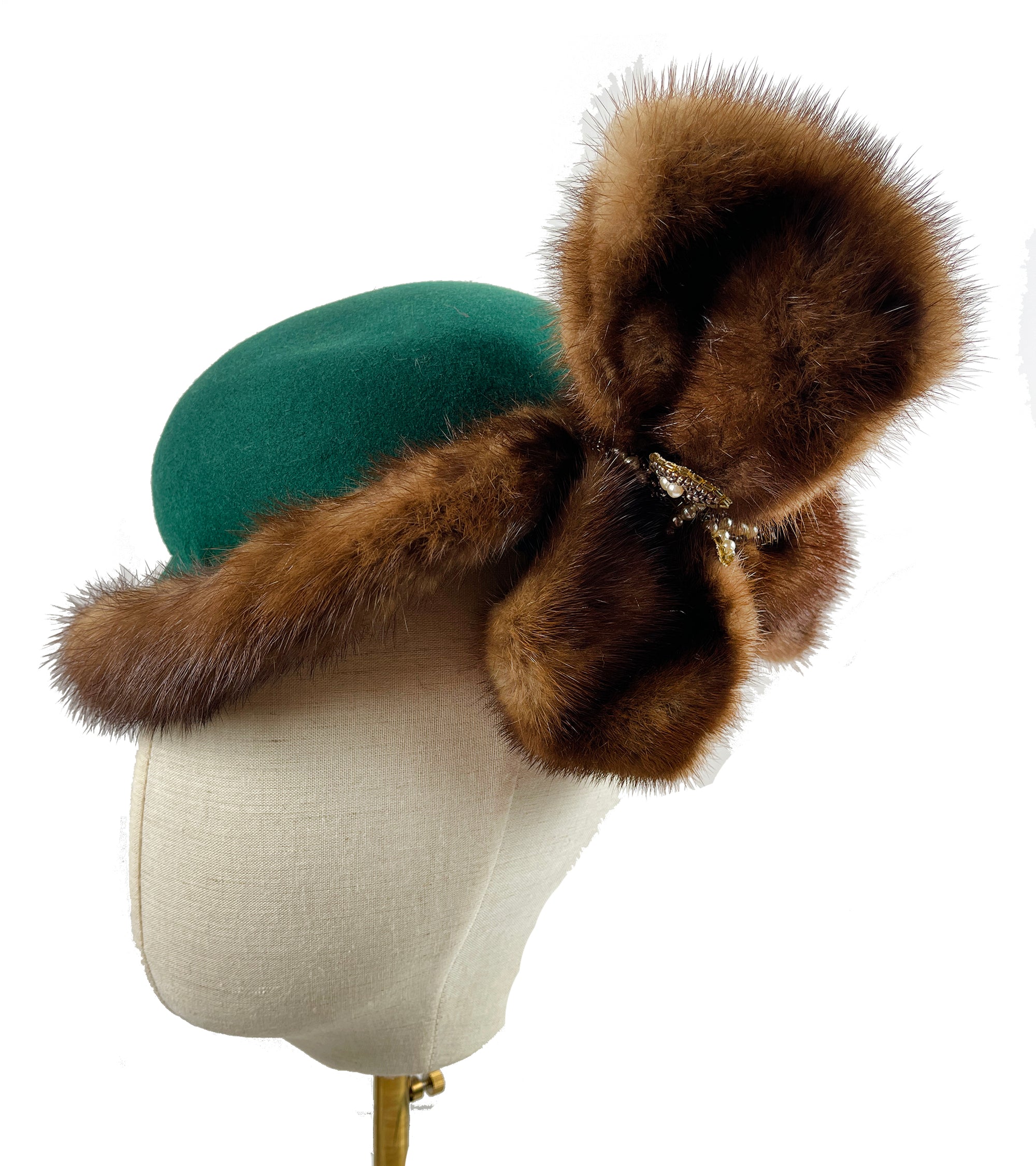Vintage Bess Stein Green Felt Cloche with Mink Trim and Beaded Bow