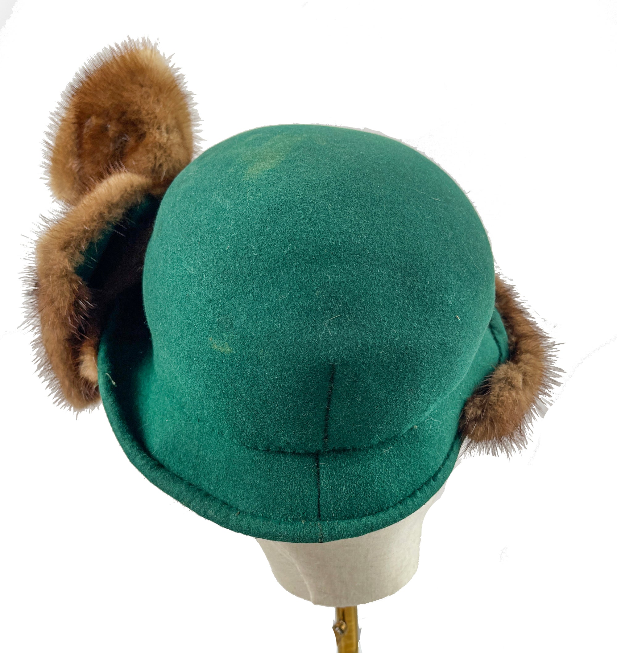 Vintage Bess Stein Green Felt Cloche with Mink Trim and Beaded Bow