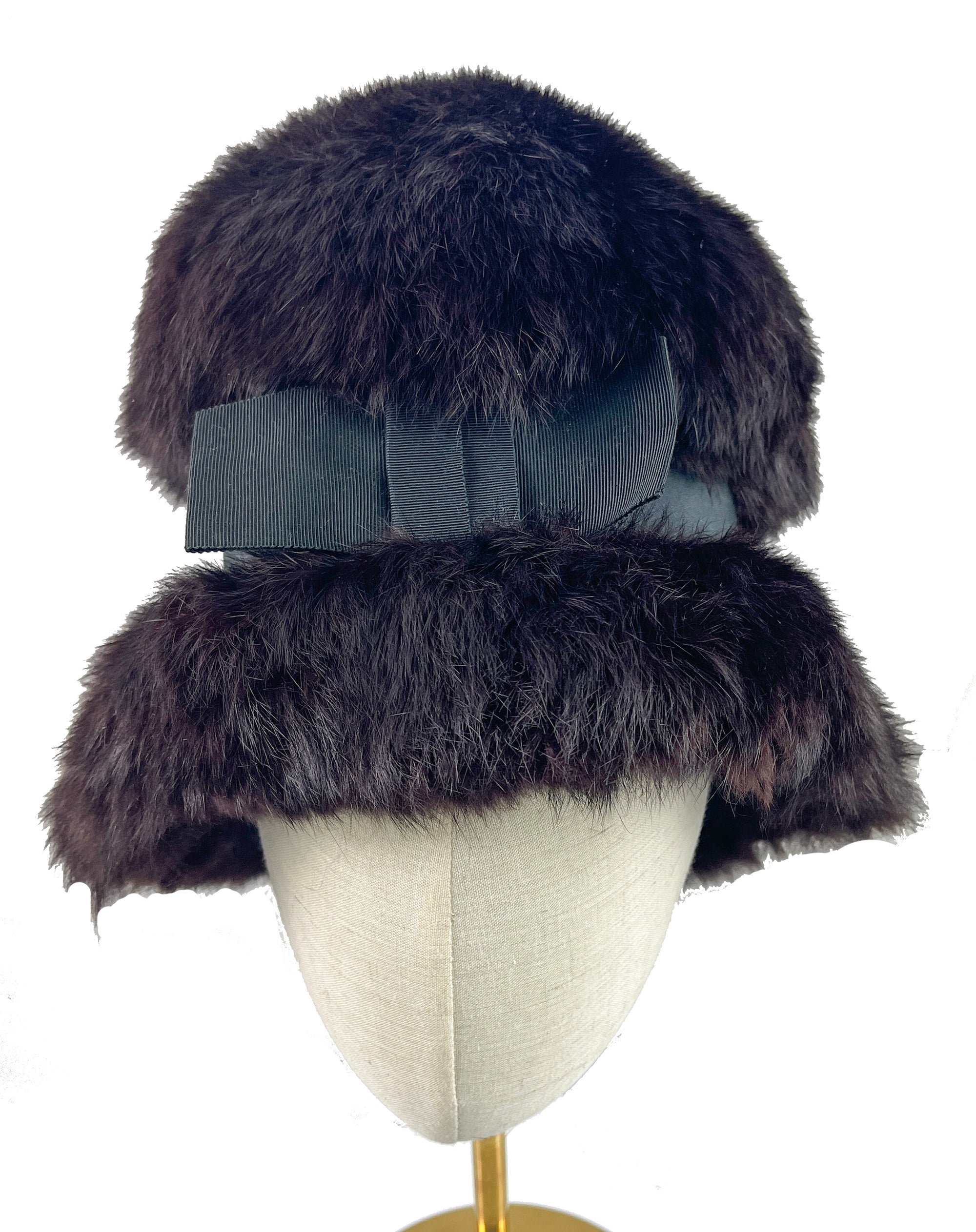 Vintage Black Fur Bucket Cloche with Wide Petersham Ribbon