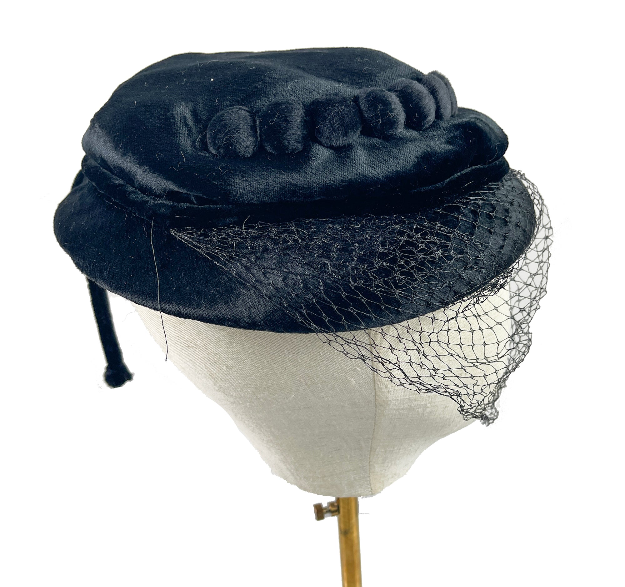 Vintage Black Fur Felt with Veil and Button Detail