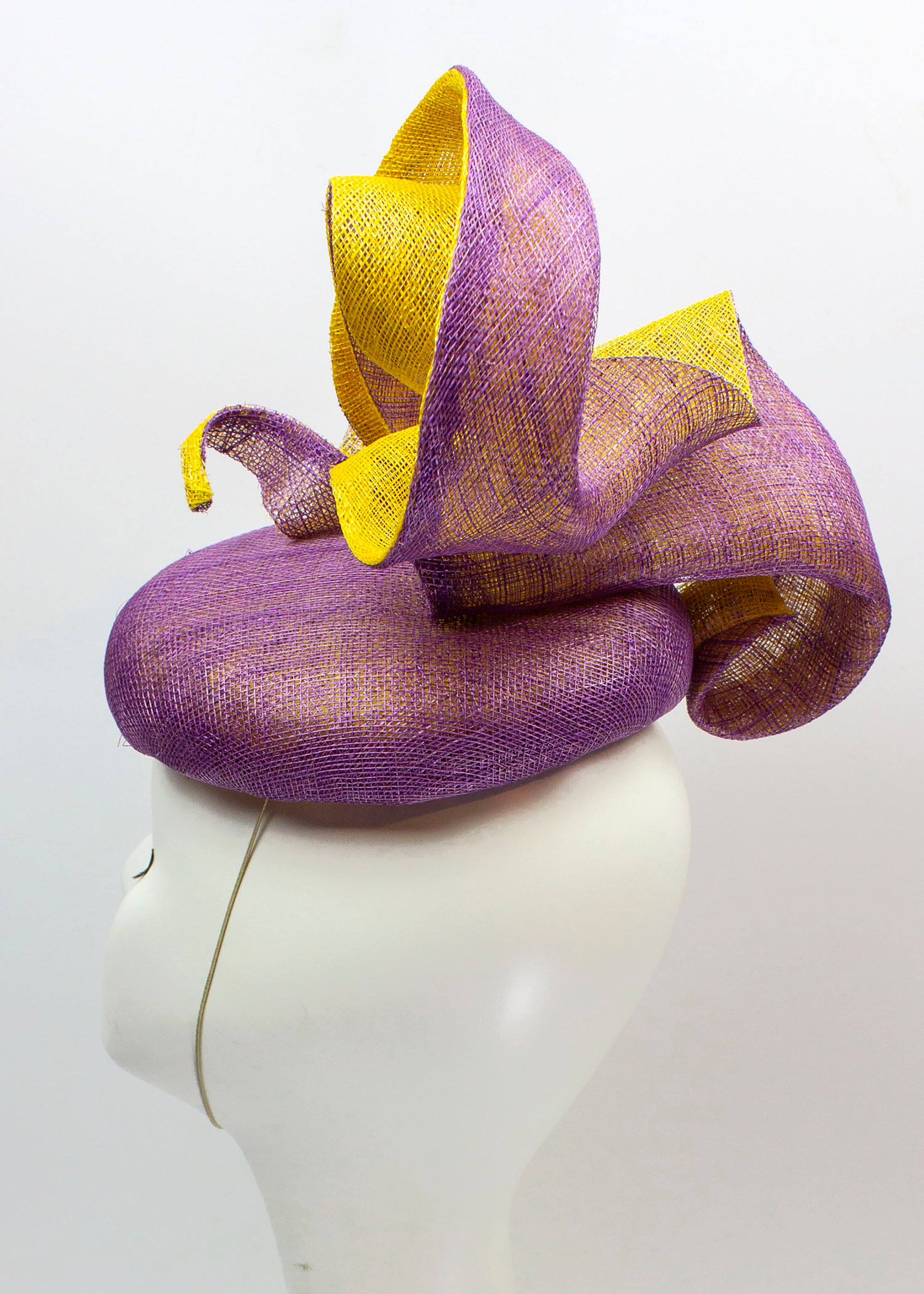 Purple Yellow Sinamay Swirl Button Fascinator