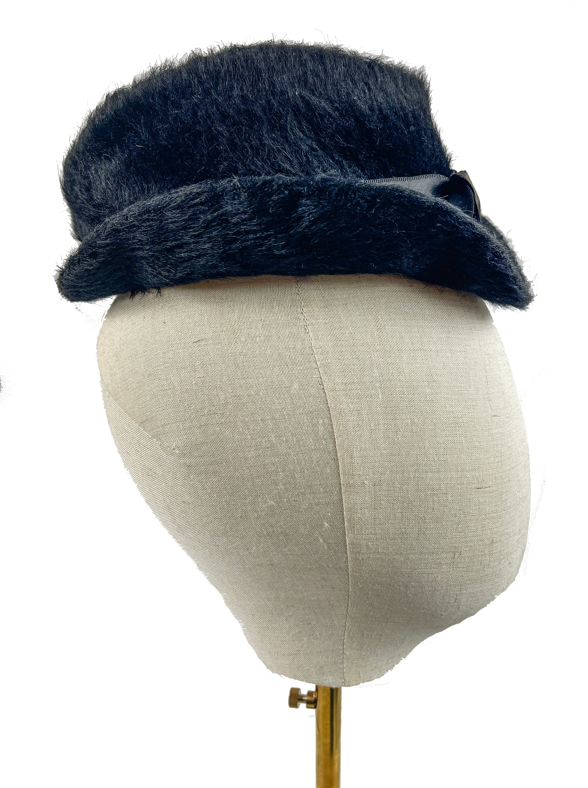 Vintage Black Fur Mini Hat with Satin Bow