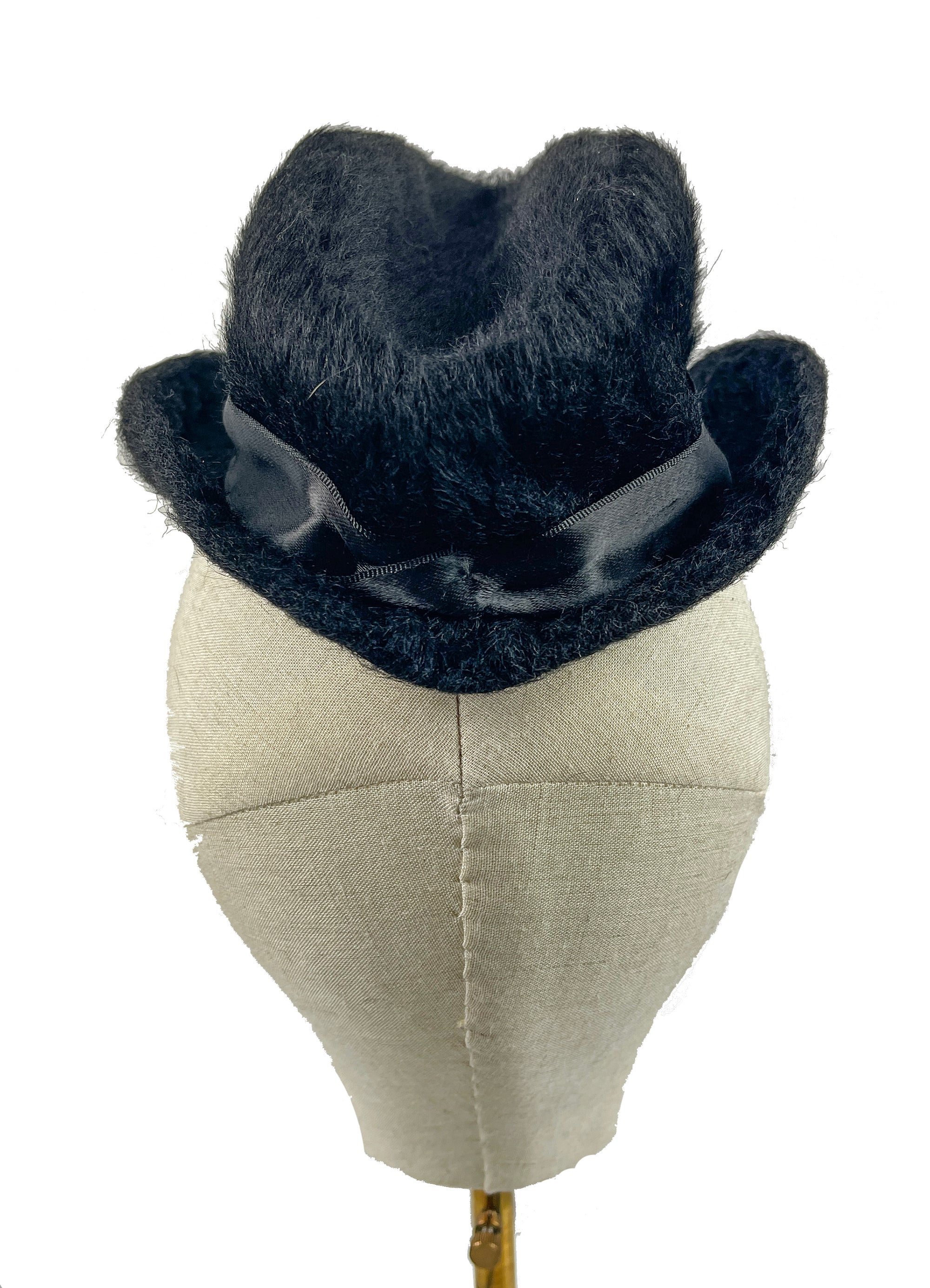 Vintage Black Fur Mini Hat with Satin Bow