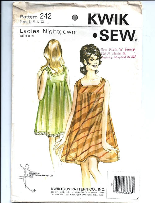 Kwik Sew 242 Women's Nightgown Size S-XL Bust 34-44.5 UNCUT