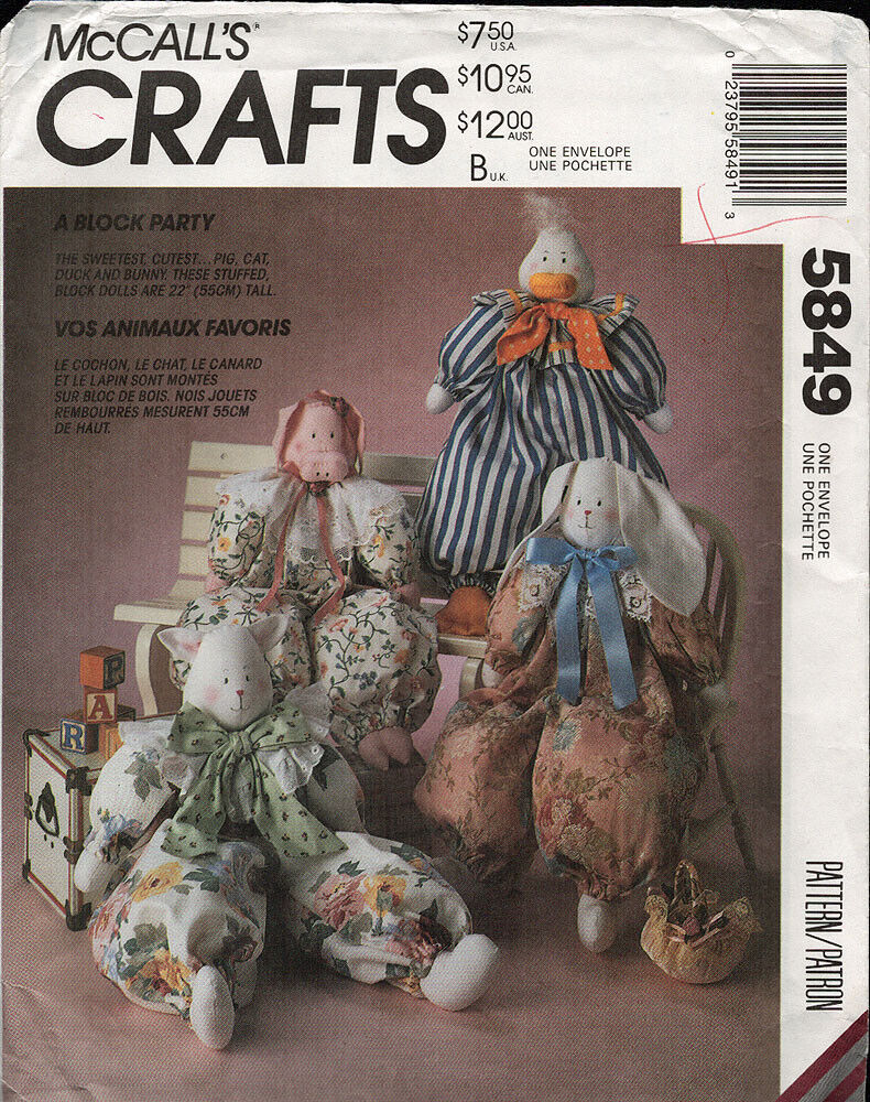 McCall's Pattern 5849 ©1992 Block Animal 22" Doll Package, FF