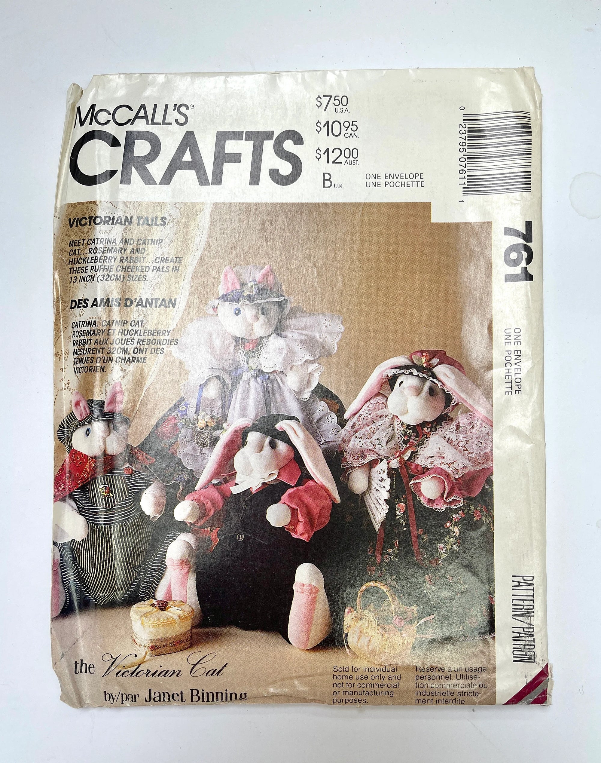 Mccall's 761 Sewing Pattern Vintage Victorian Tails Cat & Bunny Dolls Clothes Uncut FF Dated 1992