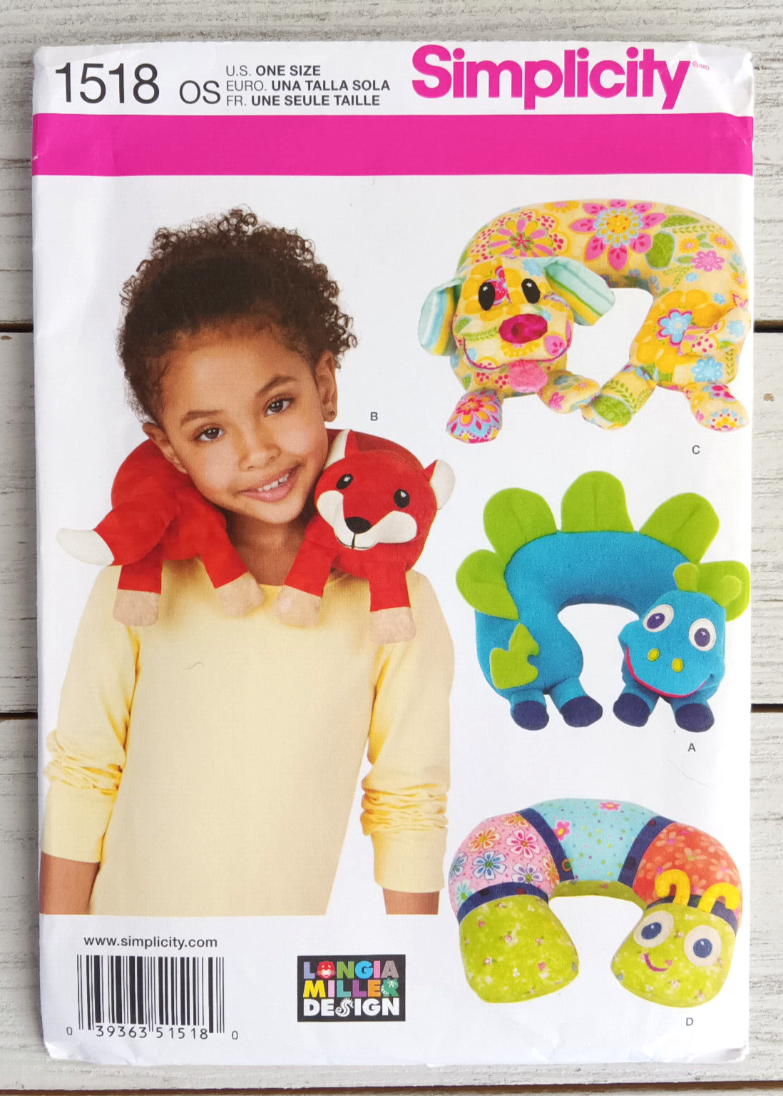 Simplicity 1518 Longia Miller Childs Animal Neck Pillows Sewing Pattern, UNCUT