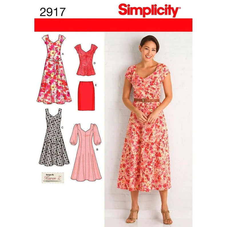 Simplicity 2917 Pattern UNCUT Sweetheart Neckline Fit and Flare Princess Seam Dress or Top and Slim Skirt Size 10-18 Uncut