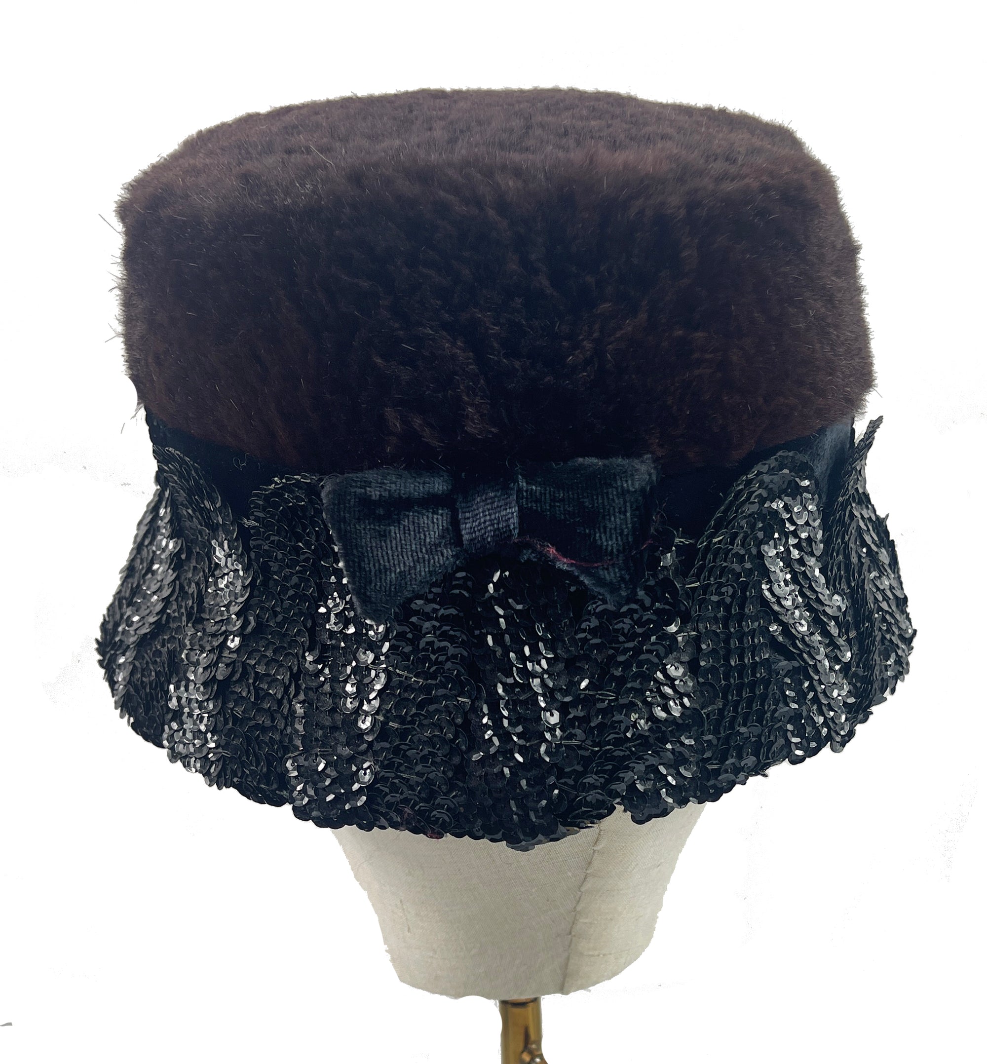 Vintage Brown Fur with Black Sequin Brim Bucket Cloche by Haggarty's