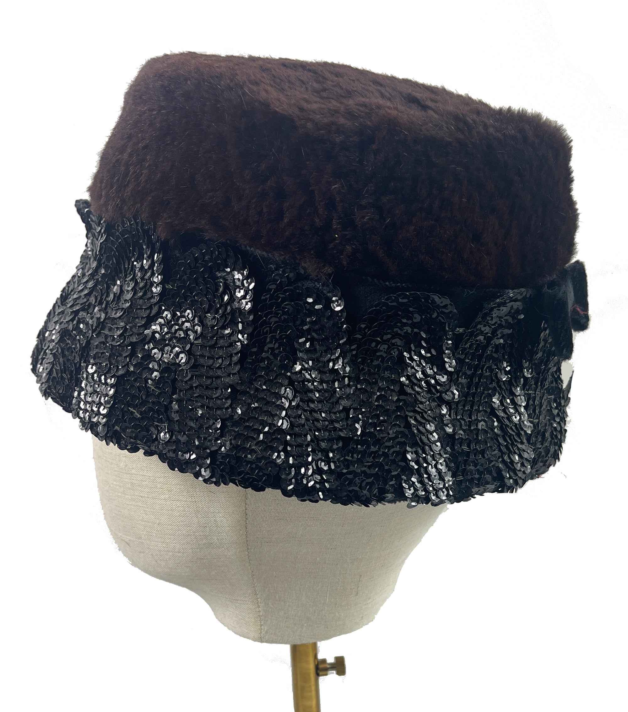 Vintage Brown Fur with Black Sequin Brim Bucket Cloche by Haggarty's