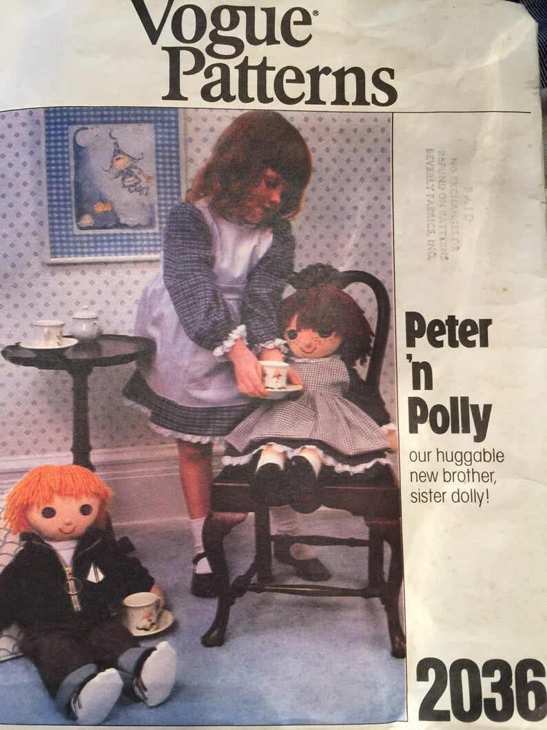 Vogue 2036 Peter and Polly Large Rag Doll & Clothing Cottagecore Pattern Uncut