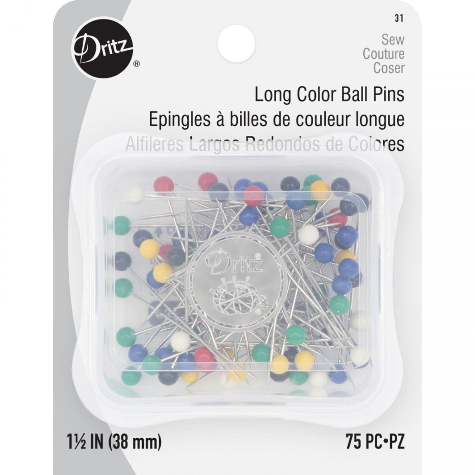 Dritz Long Color Ball Pins Size 24 - 1 1/2" - 75 Pieces