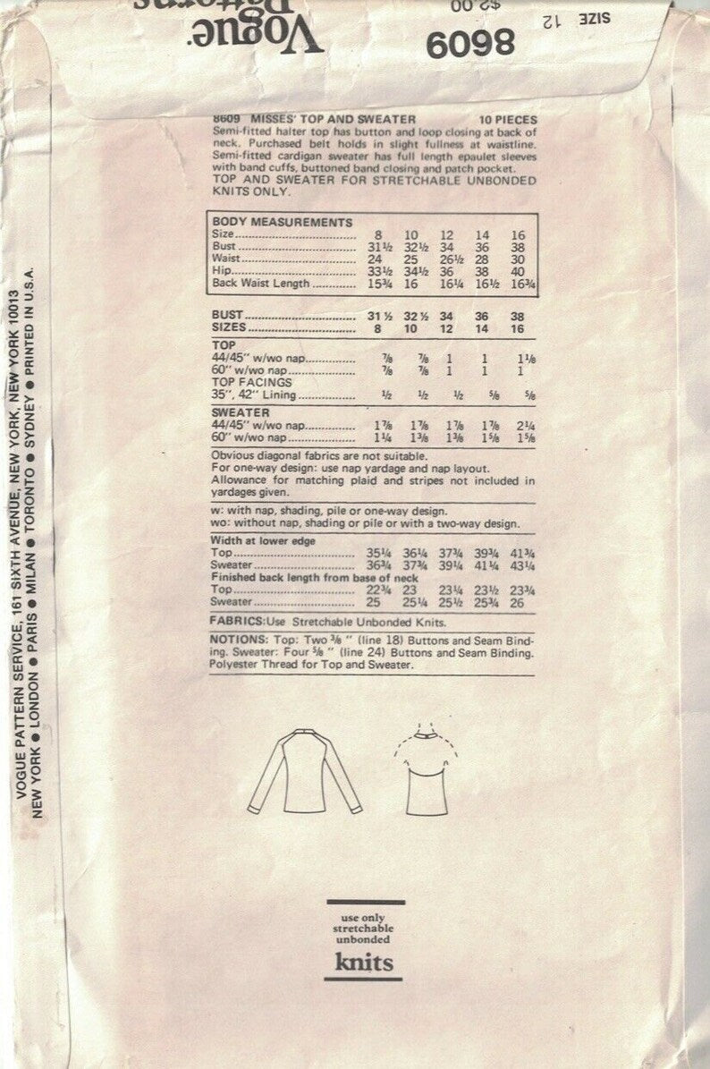 Vogue 8609 Womens Halter Top, Uncut, from 1973