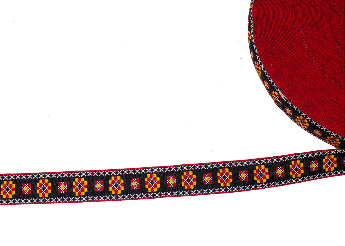 Vintage Ribbon Trim Black Red & Yellow Woven Print 1" - Sold by the Yard - Humboldt Haberdashery