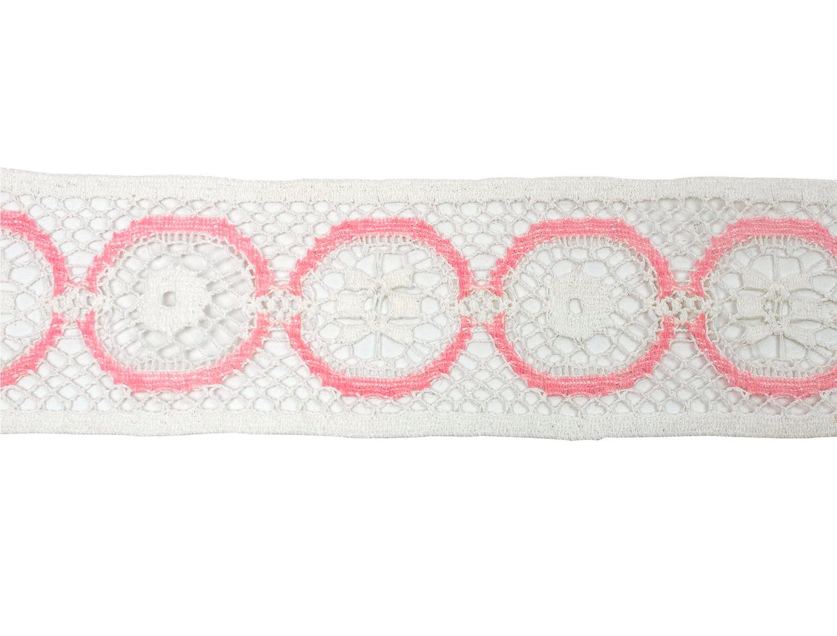 Vintage Lace Trim White Floral with Pink Circles 2 1/8" - Sold by the Yard - Humboldt Haberdashery