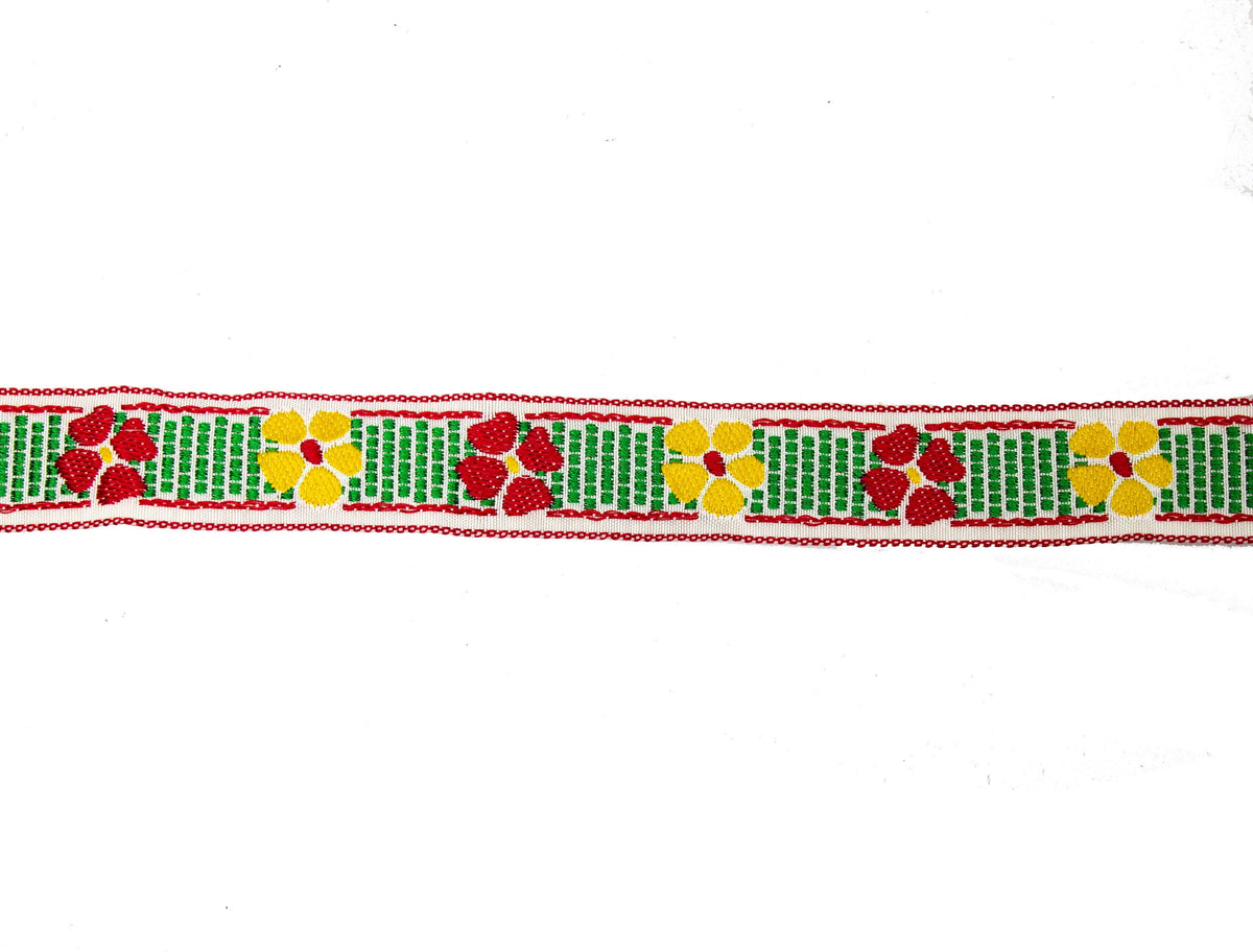 Vintage Ribbon Trim White with Red, Green, Yellow Flower Embroidery 3/4" Wide - One Piece 2 Yards 15 Inches Long - Humboldt Haberdashery