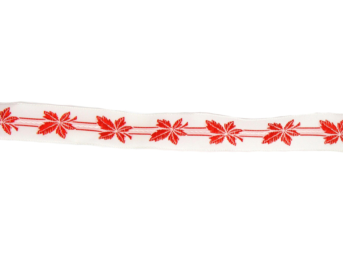 Vintage Ribbon Trim Embroidered White with Red Leaves 1/2" Wide - One Piece 2 Yards Long - Humboldt Haberdashery
