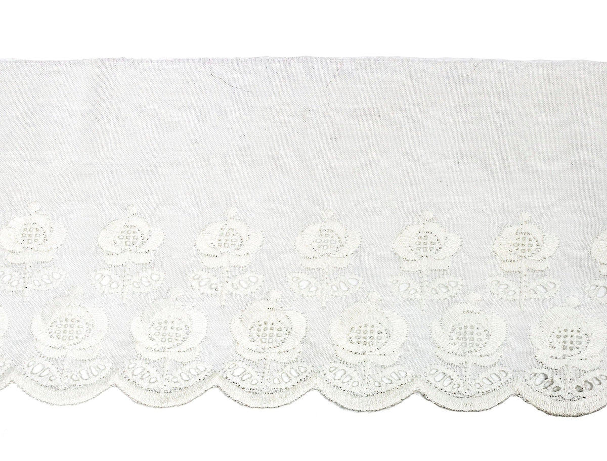 Vintage Lace Trim White Embroidered Flowers Eyelet 4" Wide - 4 1/2 Yard Piece - Humboldt Haberdashery