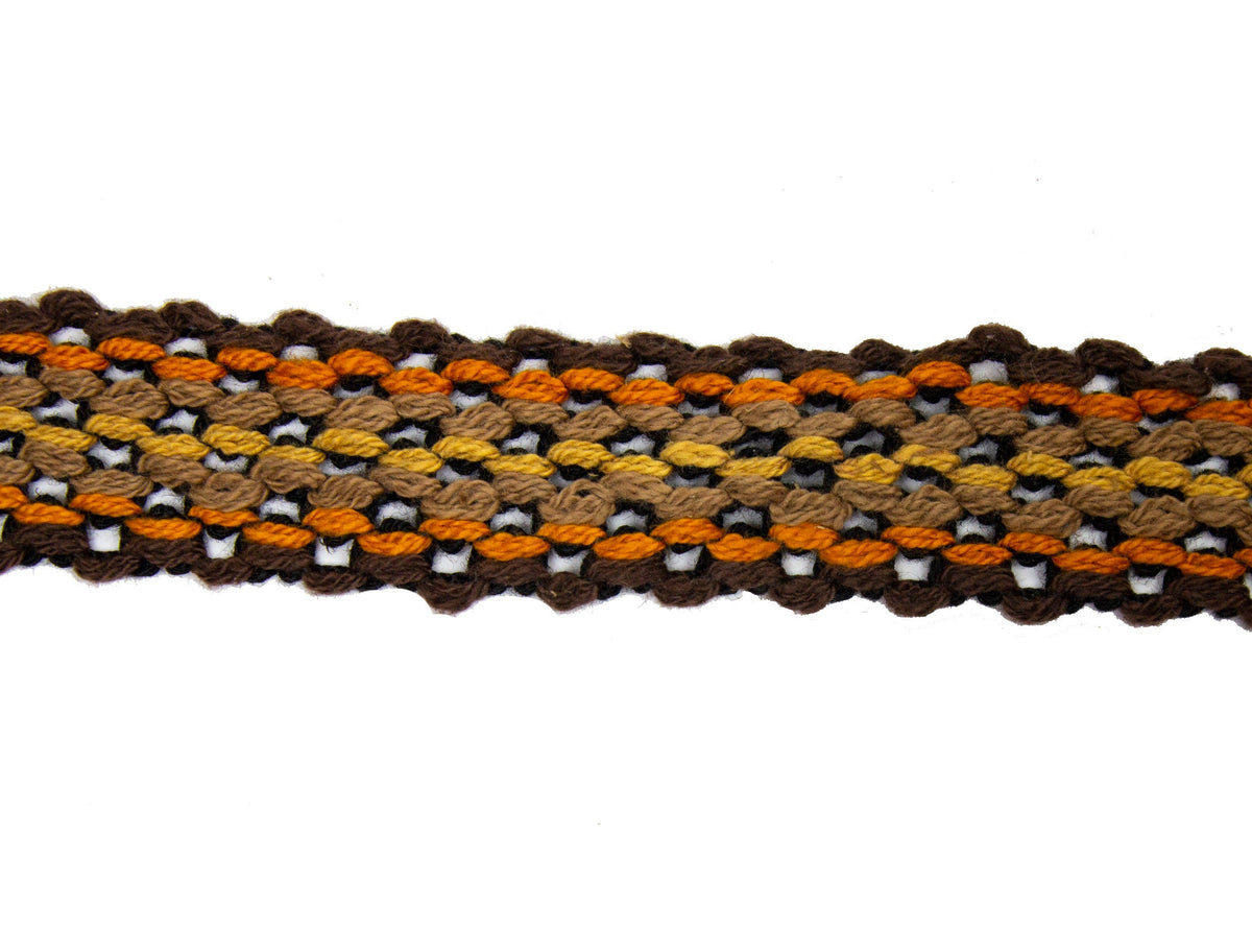Vintage Trim Brown, Yellow, Orange Yarn Woven Pattern 1 3/8" Wide - Sold by the Yard - Humboldt Haberdashery