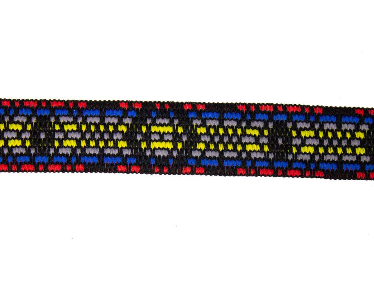 Vintage Ribbon Trim Black with Red, Yellow, Blue Woven Pattern 1 1/4" Wide - Sold by the Yard - Humboldt Haberdashery