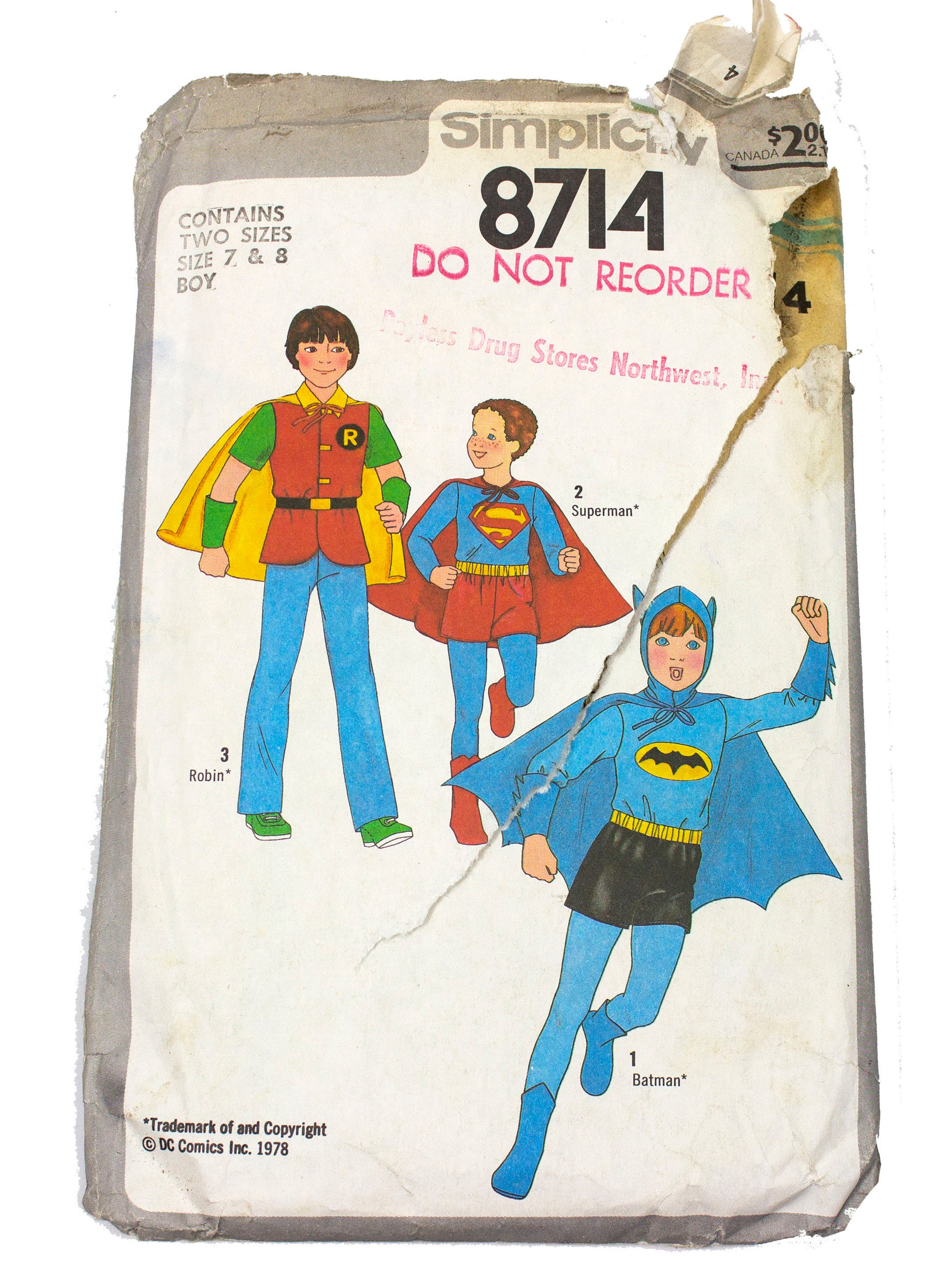 Vintage Simplicity Costume for Child 8714 Batman, Robin, Superman Cut - Sizes 7 & 8