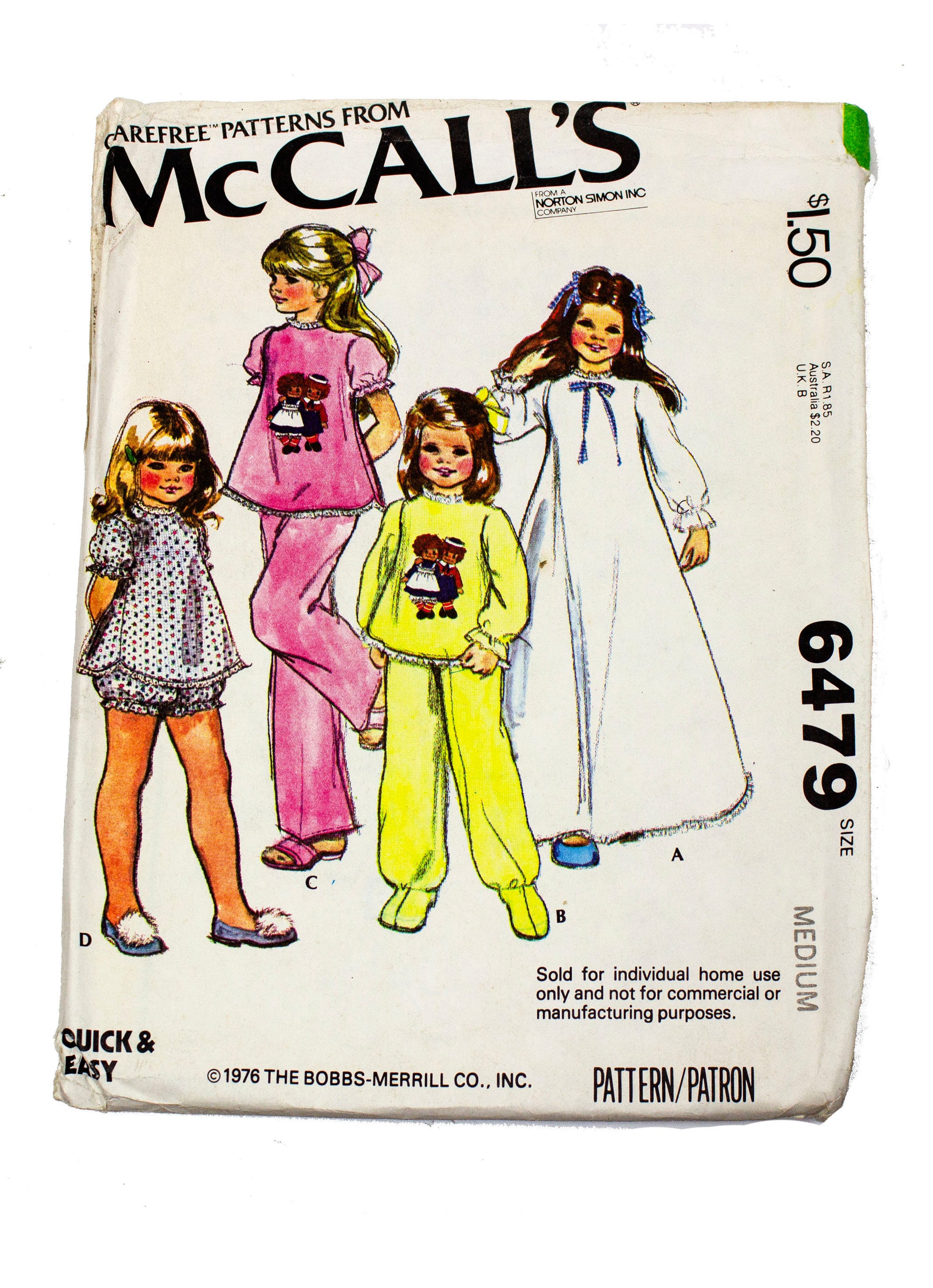 McCall's 6479 Vintage Uncut Girls Pajamas and Nightgown with Raggedy Ann & Andy Iron On - Sizes 6 - 8