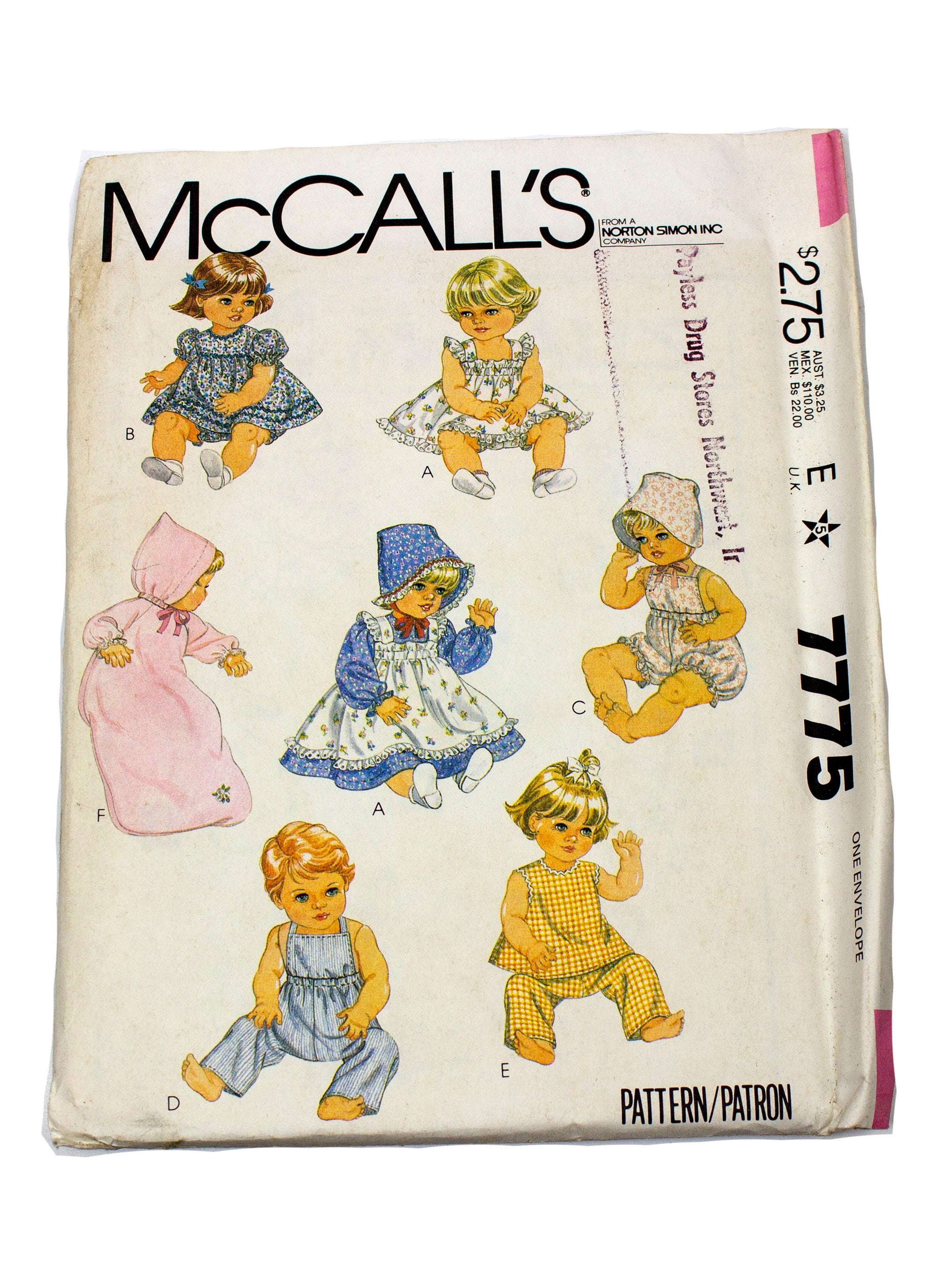 McCall's 7775 Doll Clothes for Dolls Sizes Uncut 15 1/2", 17"