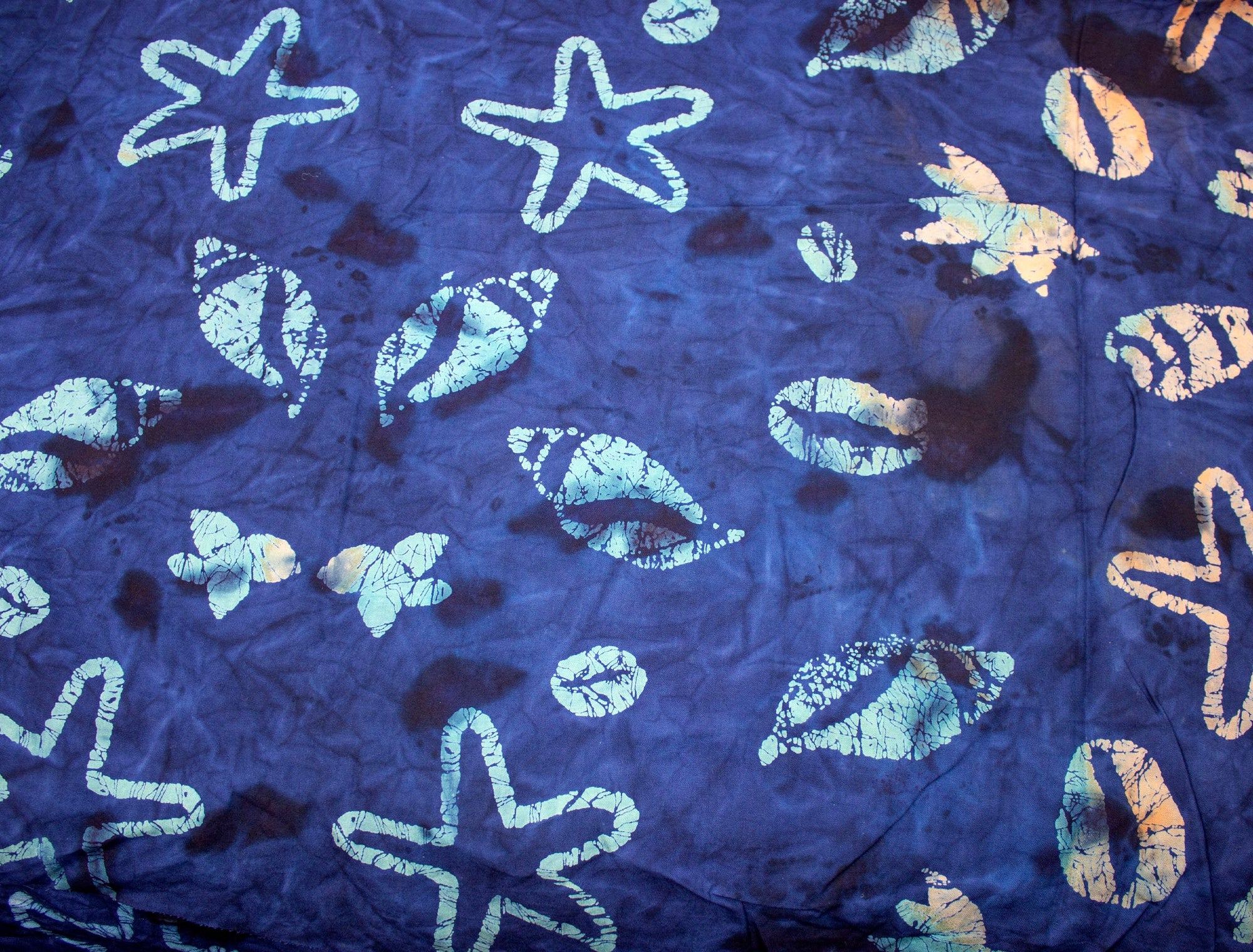 Vintage Fabric Cotton Batik Dye Print Blues and Pink Sea Life - Measures 48" X 38"