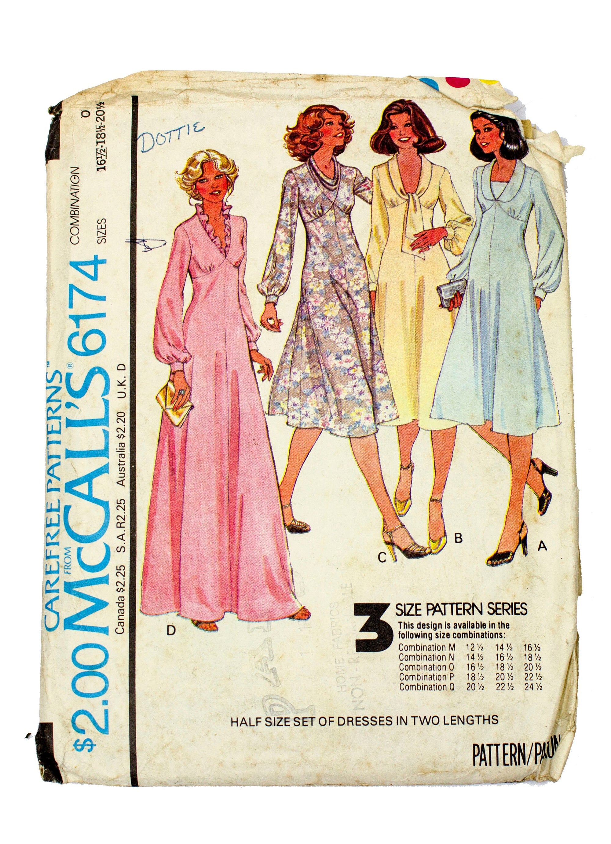 McCall's 6174 Womens Bell Sleeve Dress in Two Lengths - Size 16 1/2 - 20 1/2