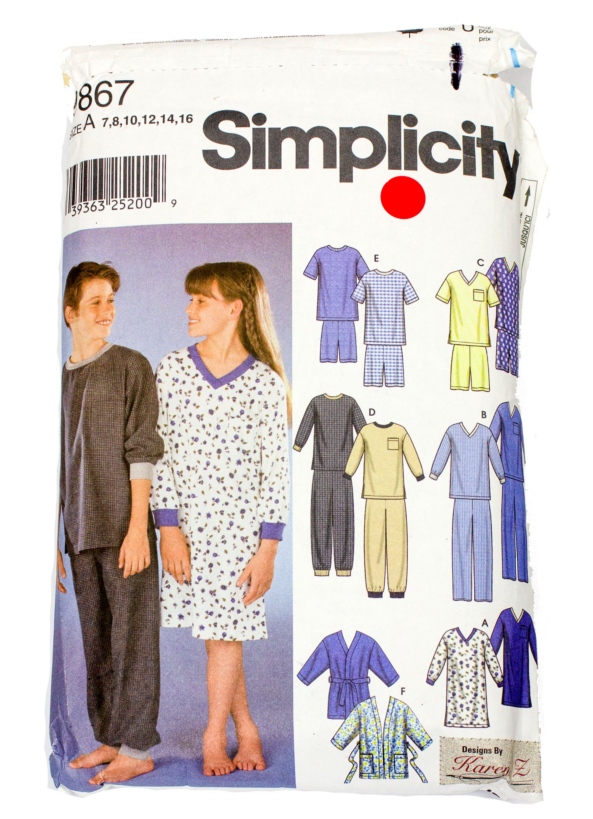 Simplicity 9867 Children's Pajamas, Nightshirt Robe - Sizes 7 - 16