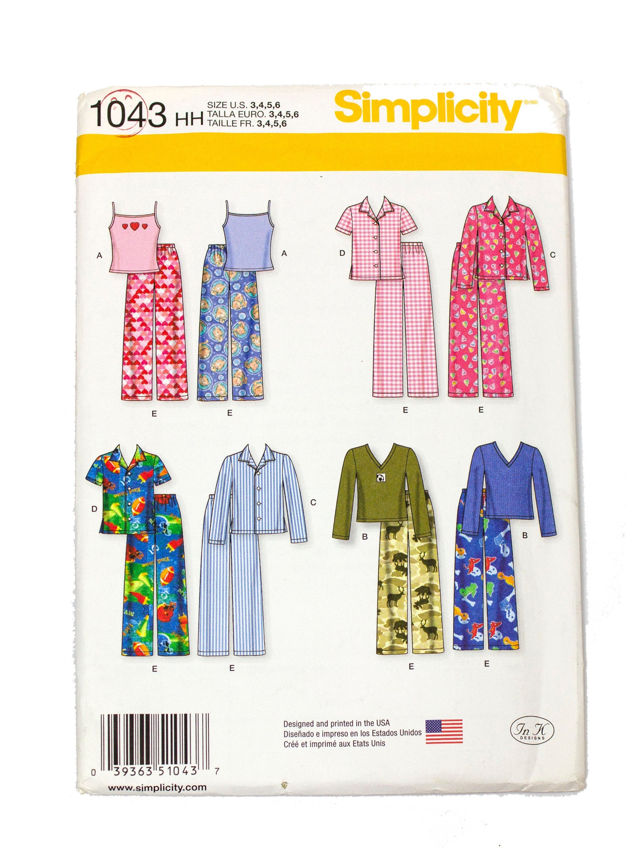 Simplicity 1043 Childrens Pajama Pants, Shirt, Knit Top, Tank Top Uncut - Sizes 3 - 6