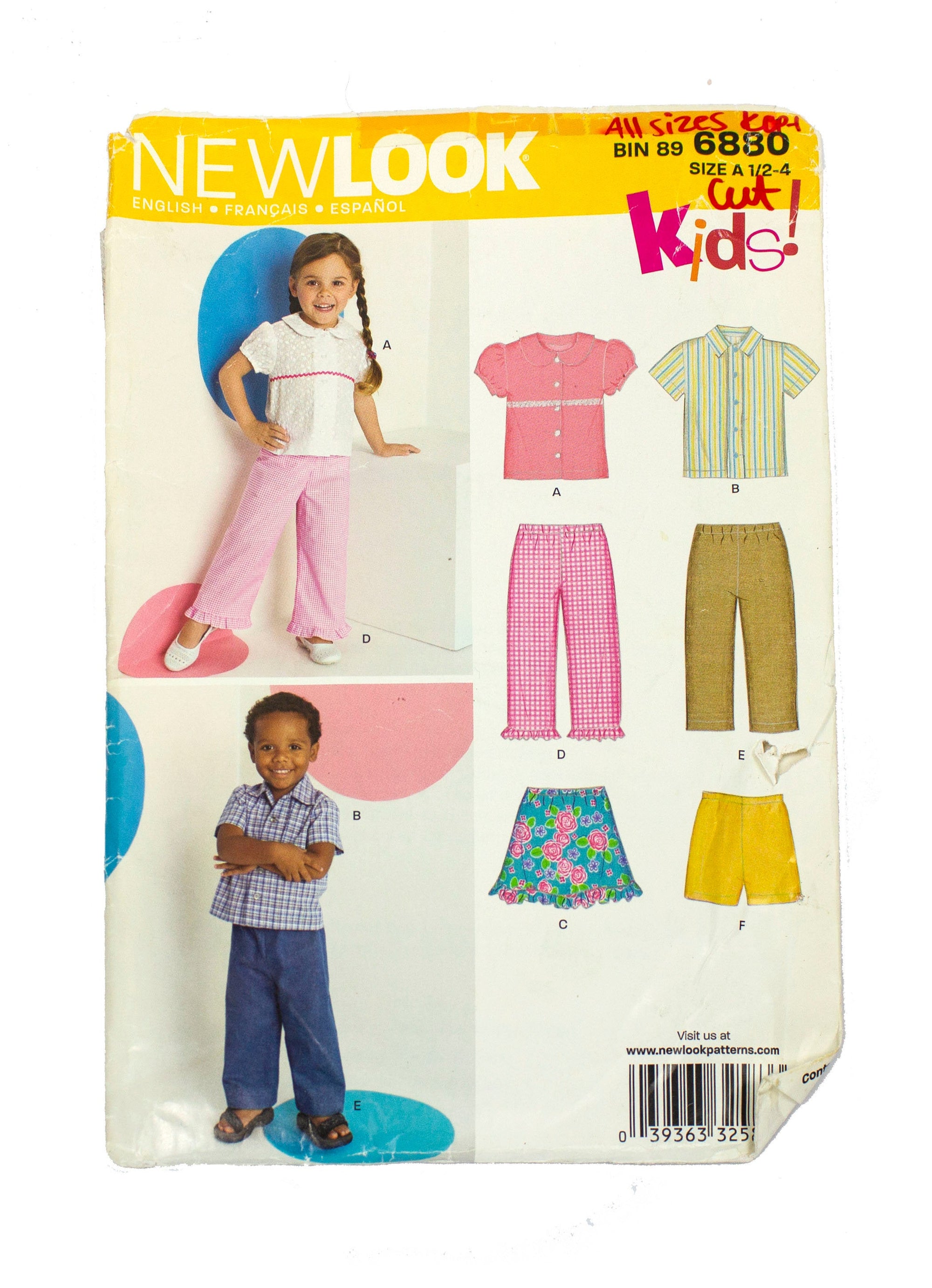 New Look 6880 Toddler's Button Front Shirt, Pants, Shorts, Skirt - Sizes 1/2 - 4