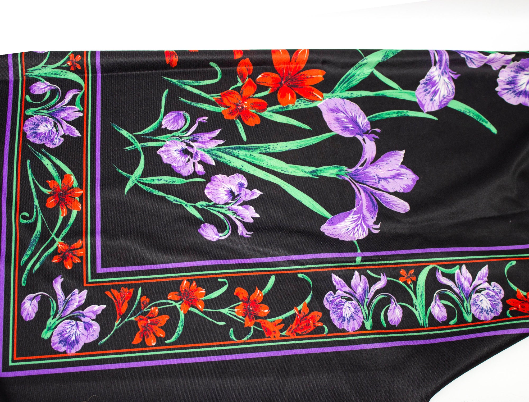 Vintage Fabric Satin Black with Purple Floral - Measures 25" x 64"