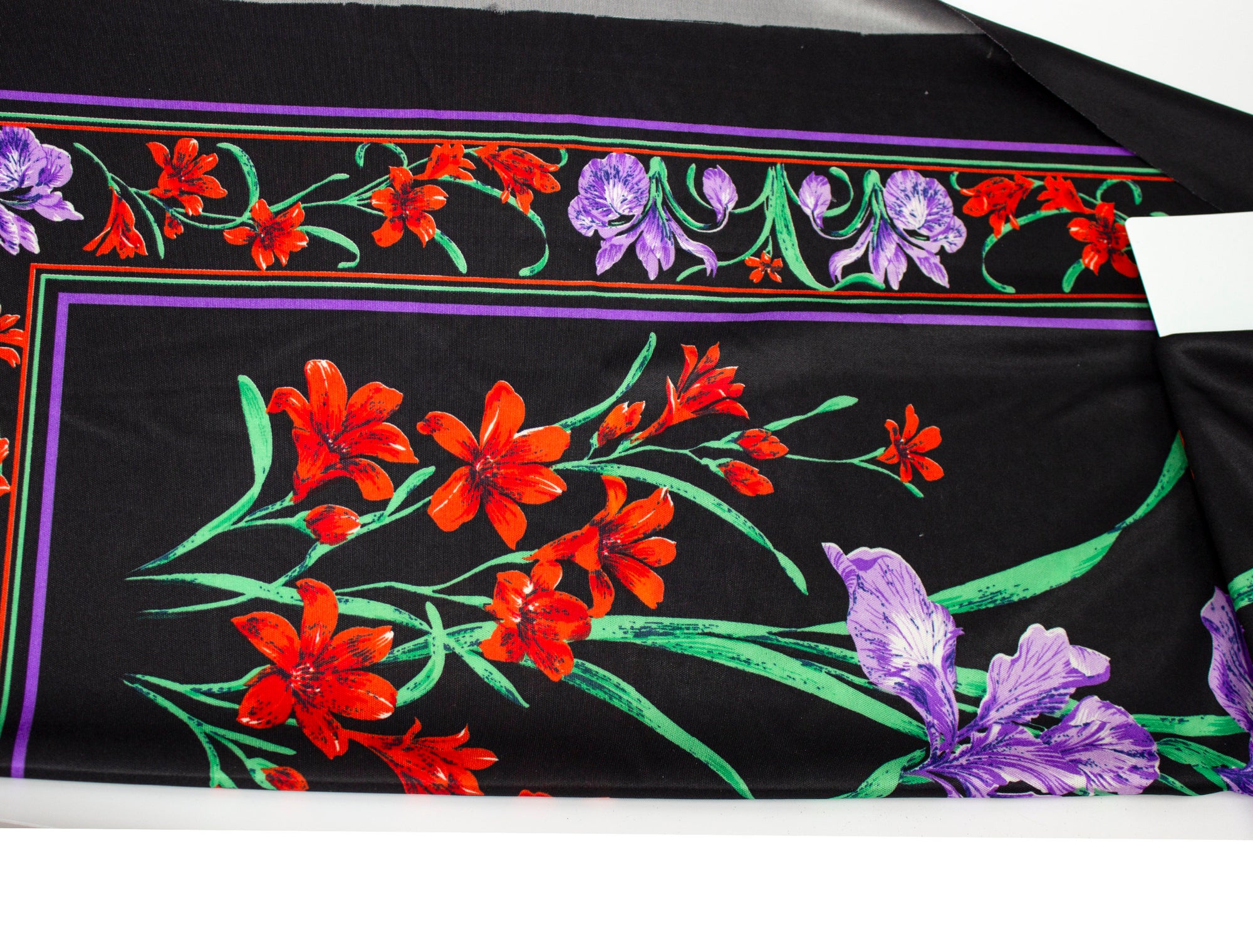 Vintage Fabric Satin Black with Purple Floral - Measures 25" x 64"
