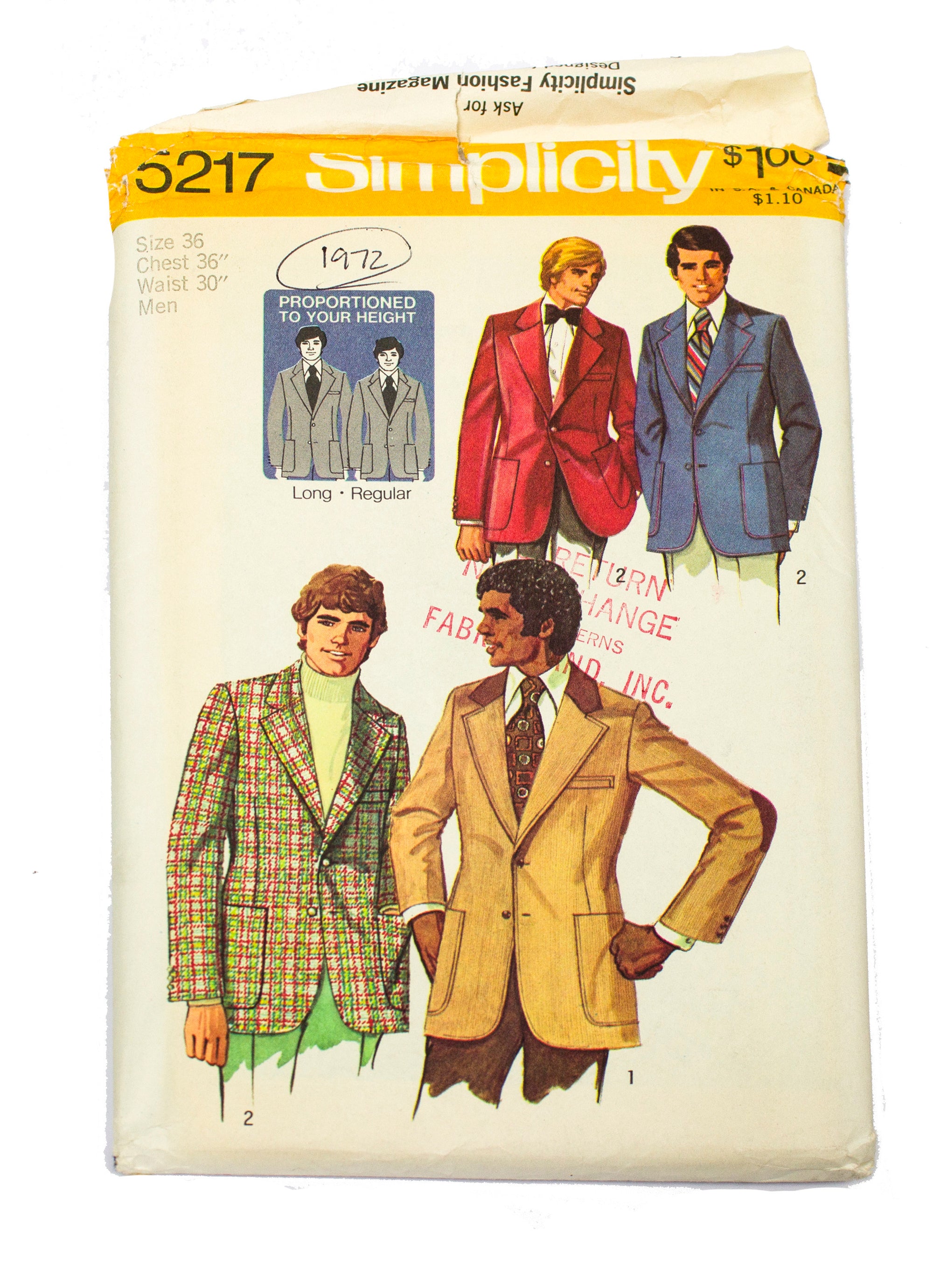 Simplicity 5217 Men's Proportioned Jacket Uncut - Size 36 Chest 36" Waist 30"