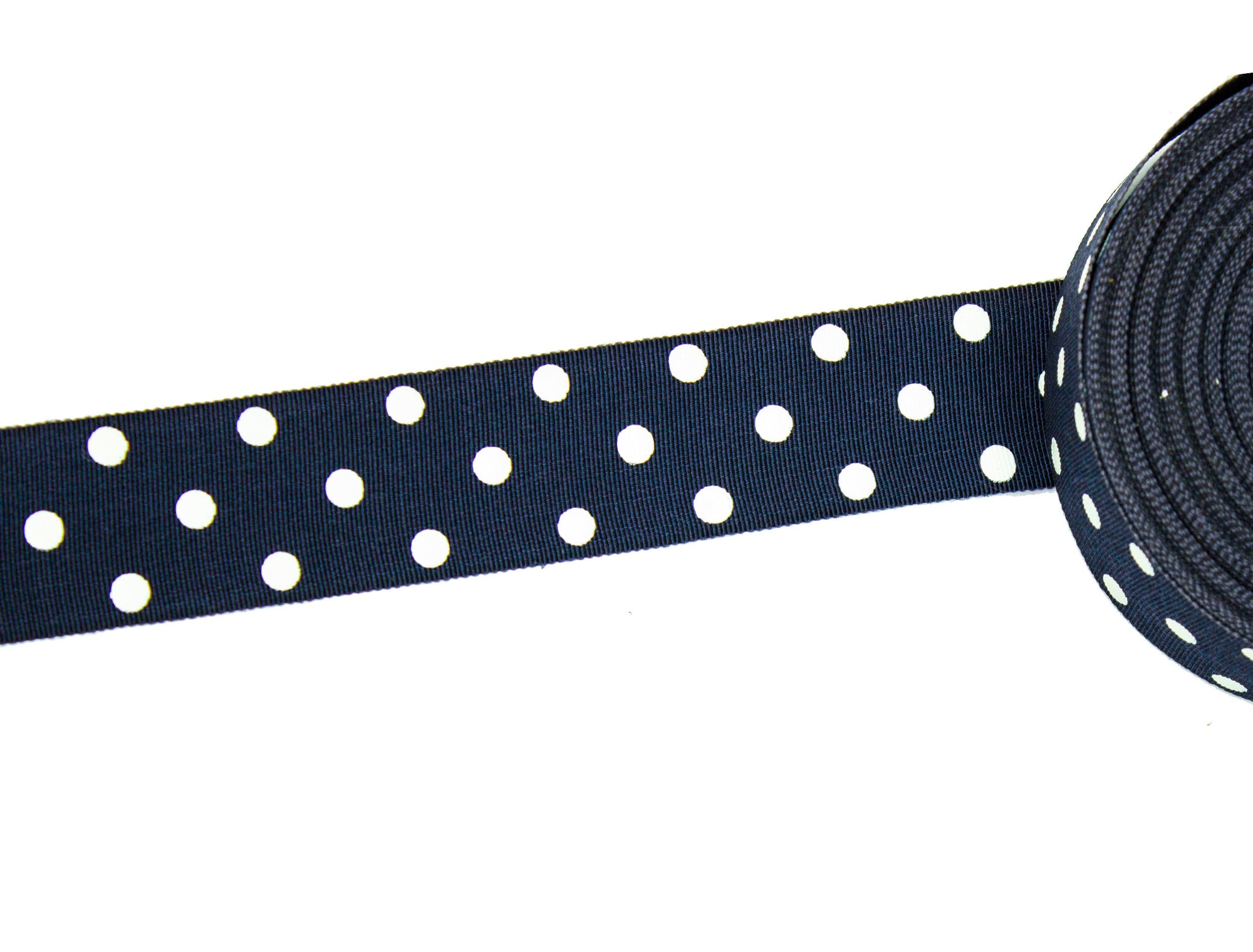 Vintage Petersham Ribbon Navy Blue with White Printed Dots Measures 35 mm Wide - Sold by the Yard