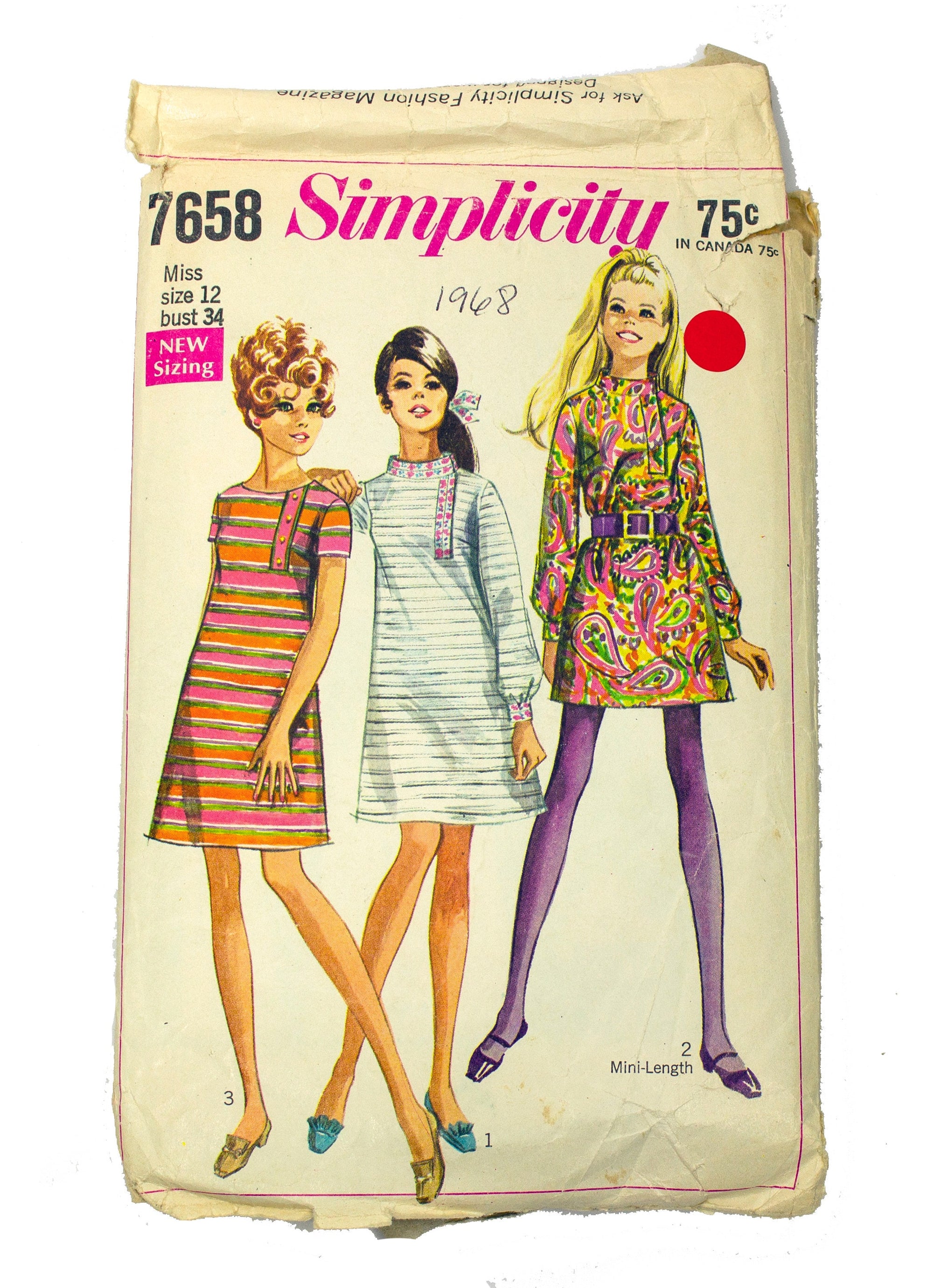 Simplicity 7658 Women's Mini Dress in Two Lengths - Size 12 Bust 34