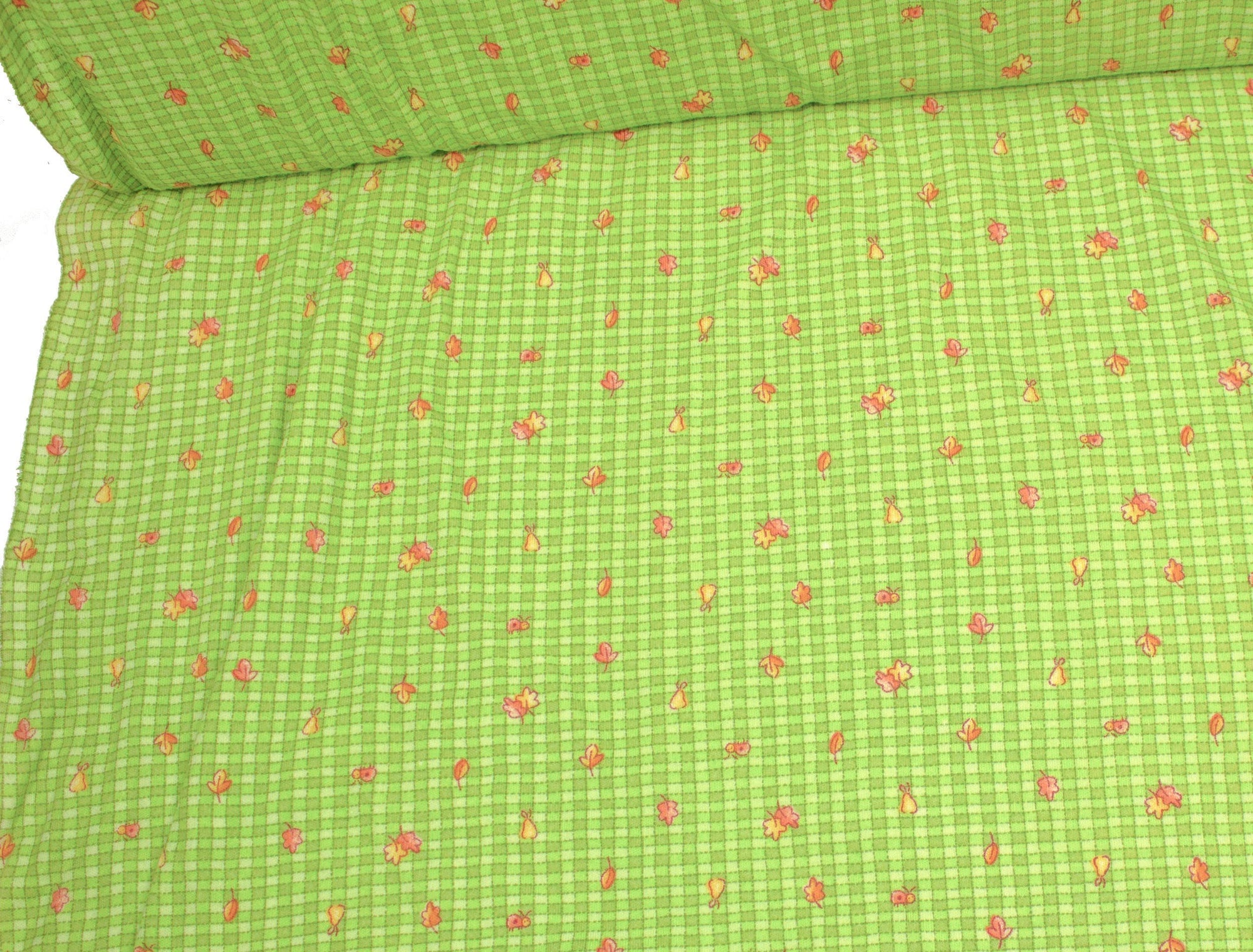 Vintage Fabric Green Gradient Check Cotton Print with Leaves and Pears - Measures 51" x 38"