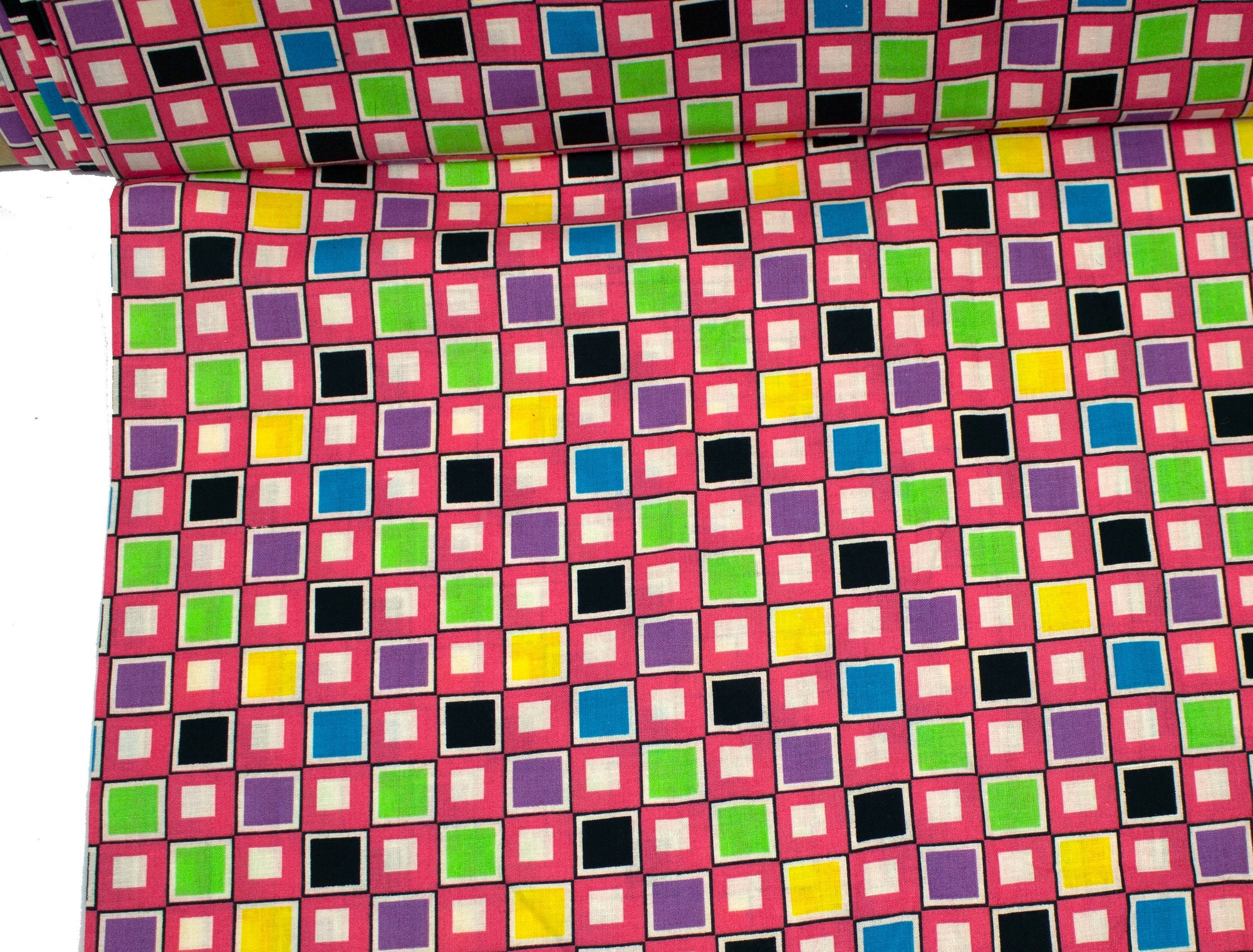 Vintage Fabric Hot Pink Multicolor Block Cotton Print 45" Wide - Sold by the Yard