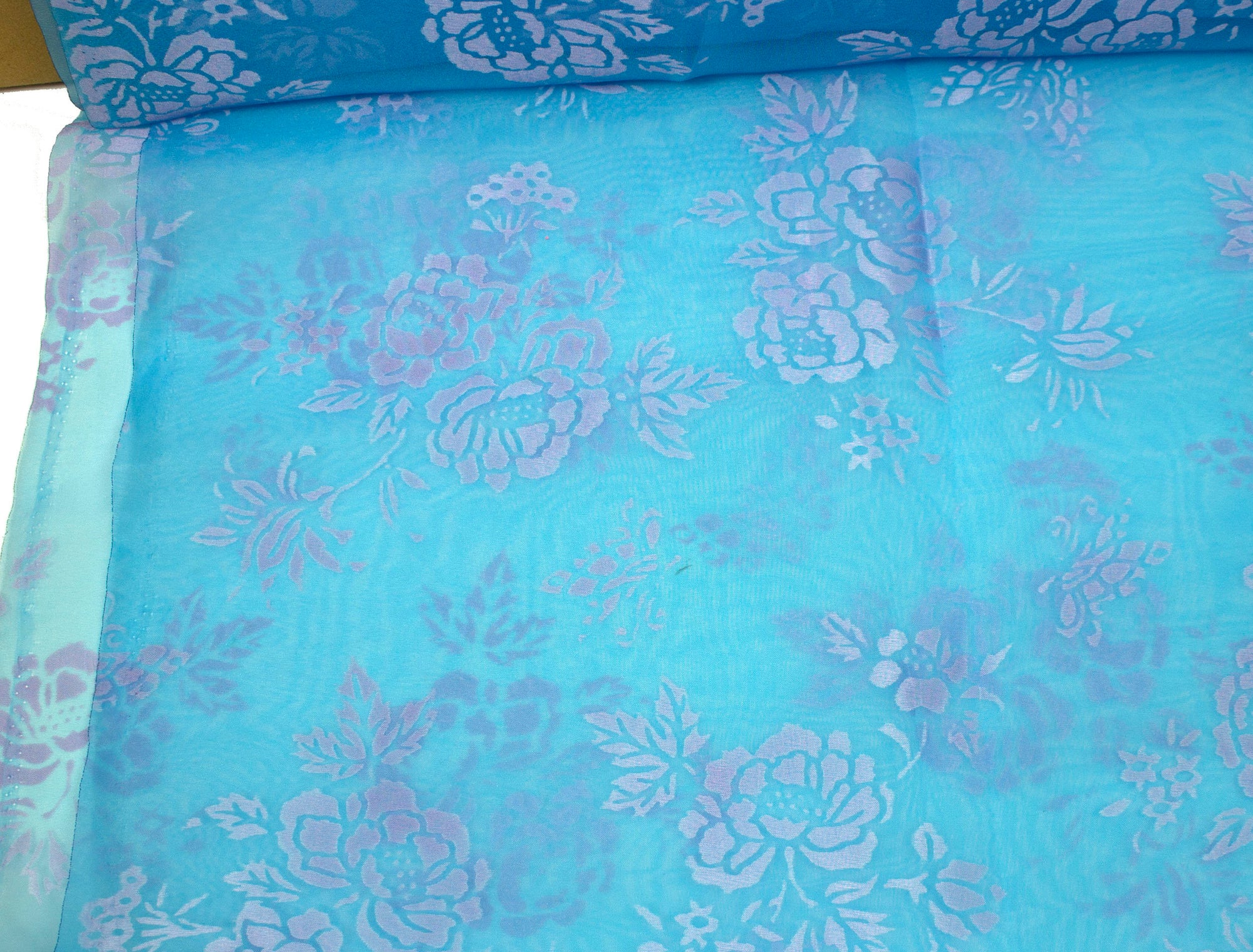 Vintage Fabric Sheer Aqua Blue with Lavender Floral Print 45" Wide - Sold by the Yard