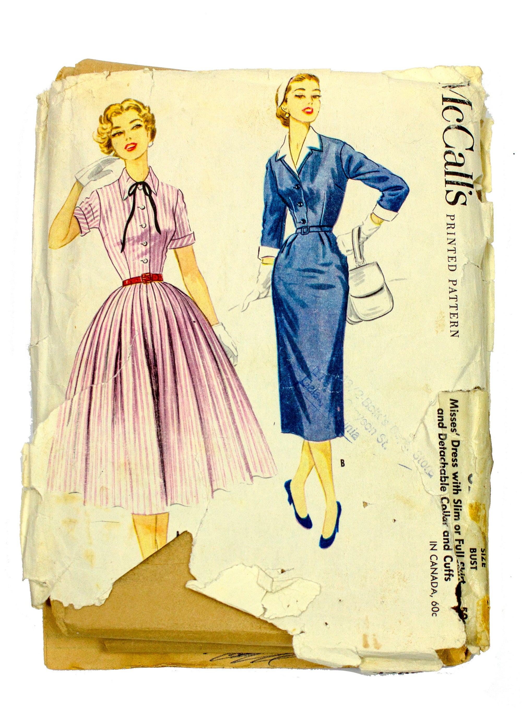 McCall's 3289 Women's Dress with Detachable Cuffs and Collar Dated 1955 - Size 12