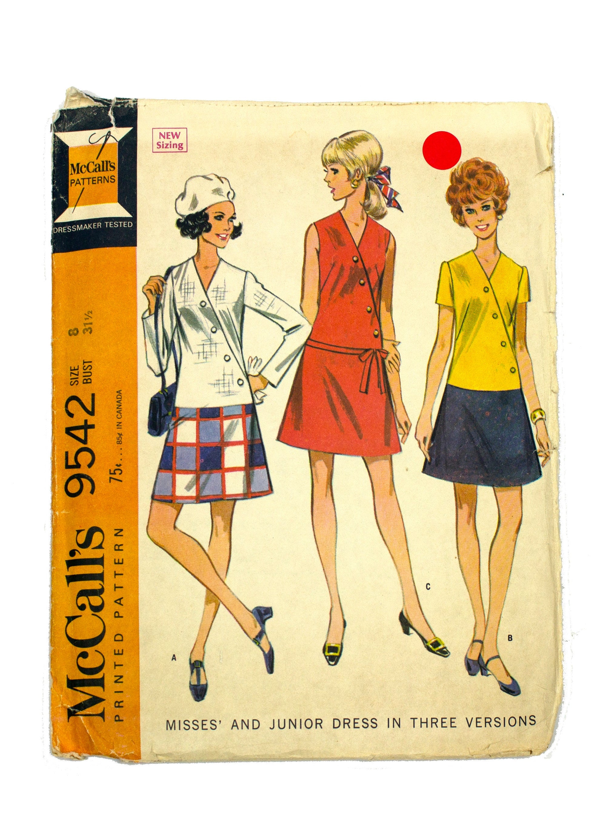 McCall's 9542 Women's Long Torso Dress in Three Versions - Size 8 Bust 31 1/2