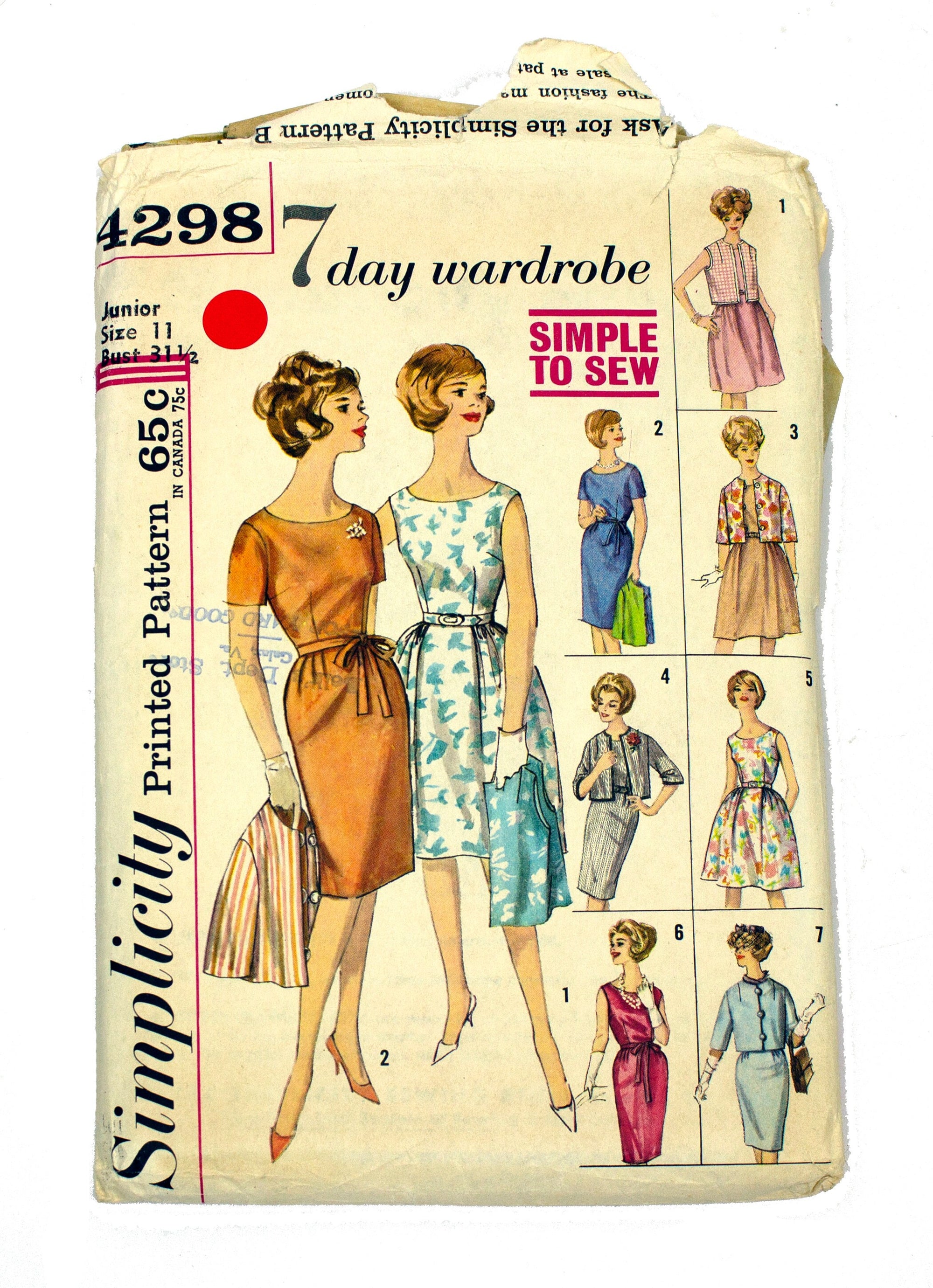 Simplicity 4298 Women's "Seven Day Wardrobe" Separates Dress, Jacket, Skirt - Size 11 Bust 31 1/2