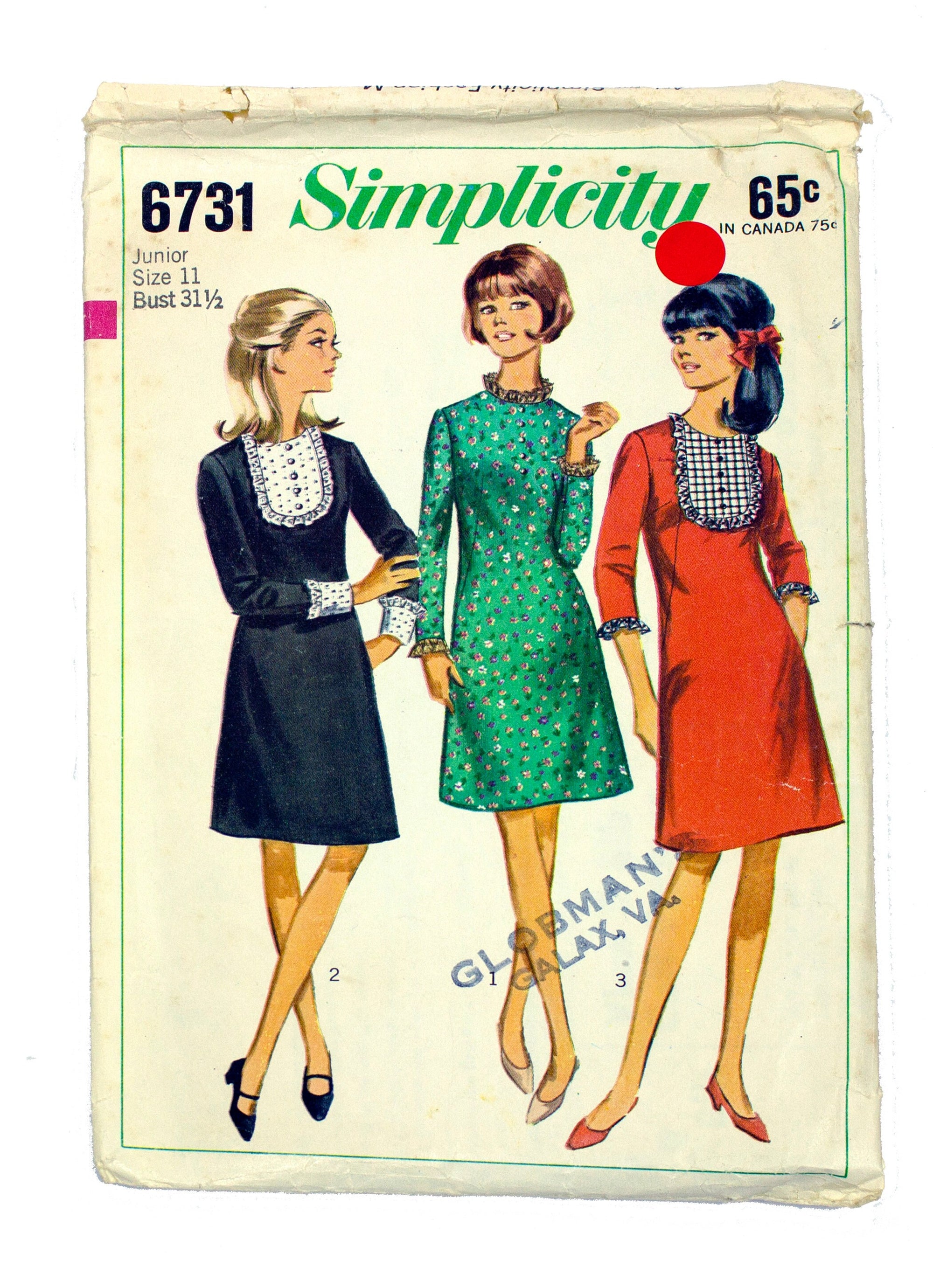 Simplicity 6731 Teen One Piece Dress with Detachable Bib and Cuffs - Size 11 Bust 31 1/2
