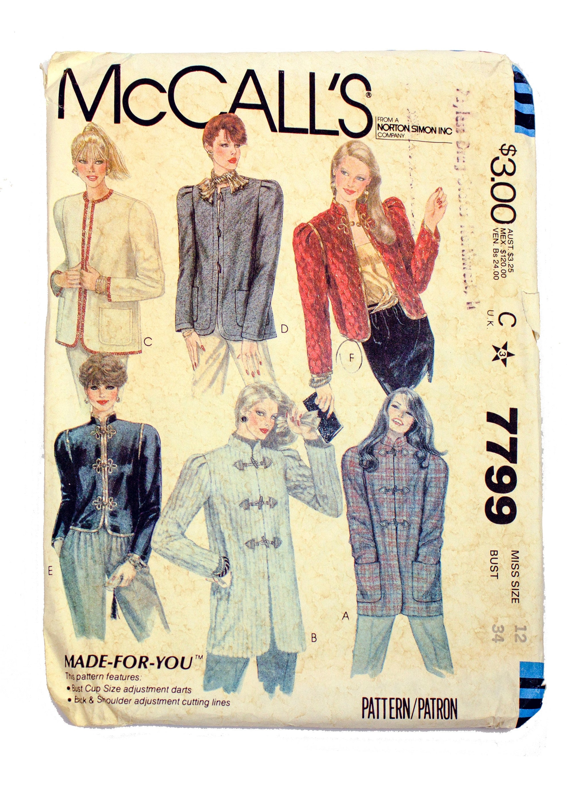 McCall's 7799 Women's Jacket Uncut - Size 12 Bust 34