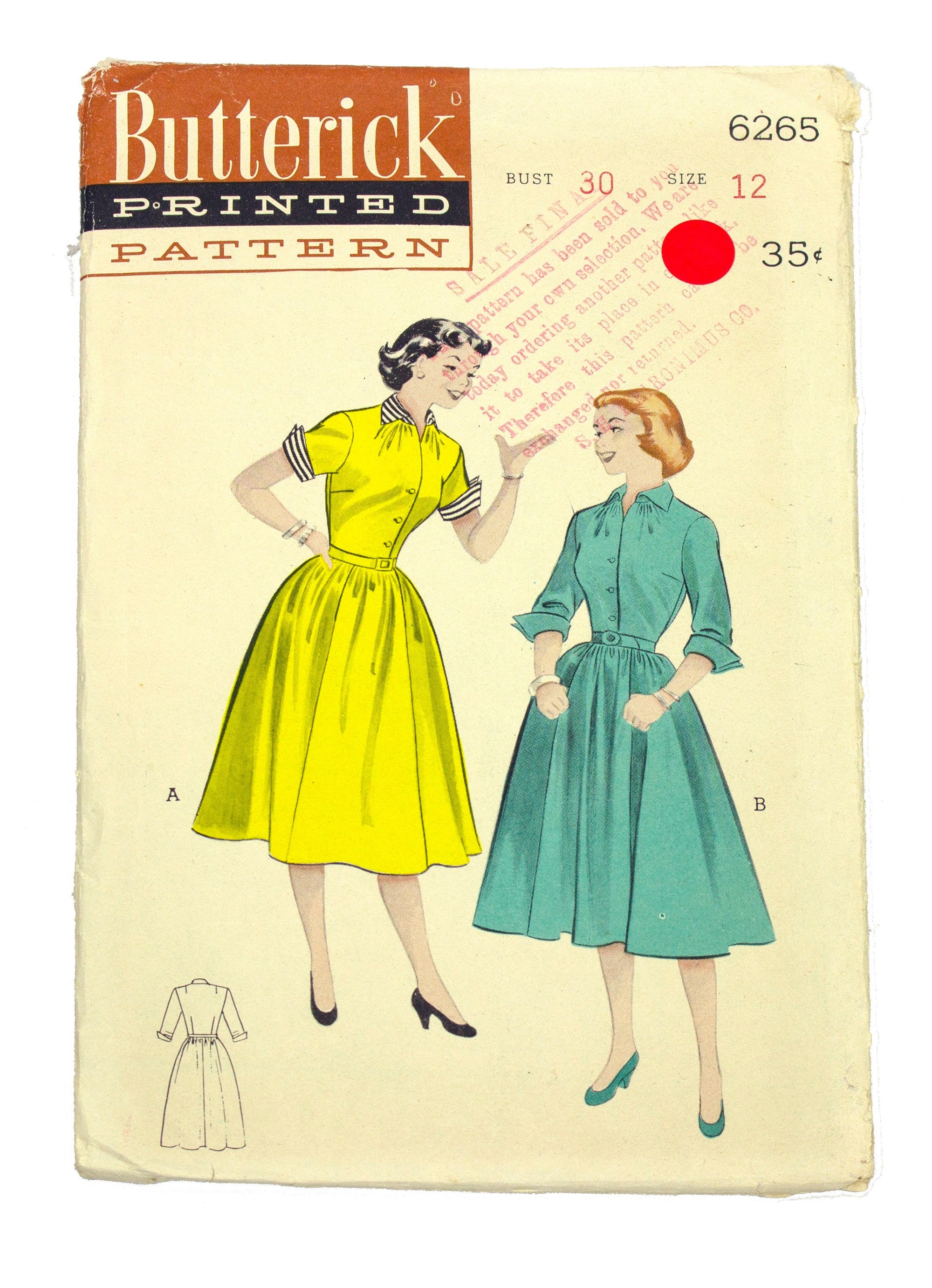 Butterick 6265 Women's Dress with Wing Collar and Cuffs - Size 12 Bust 30