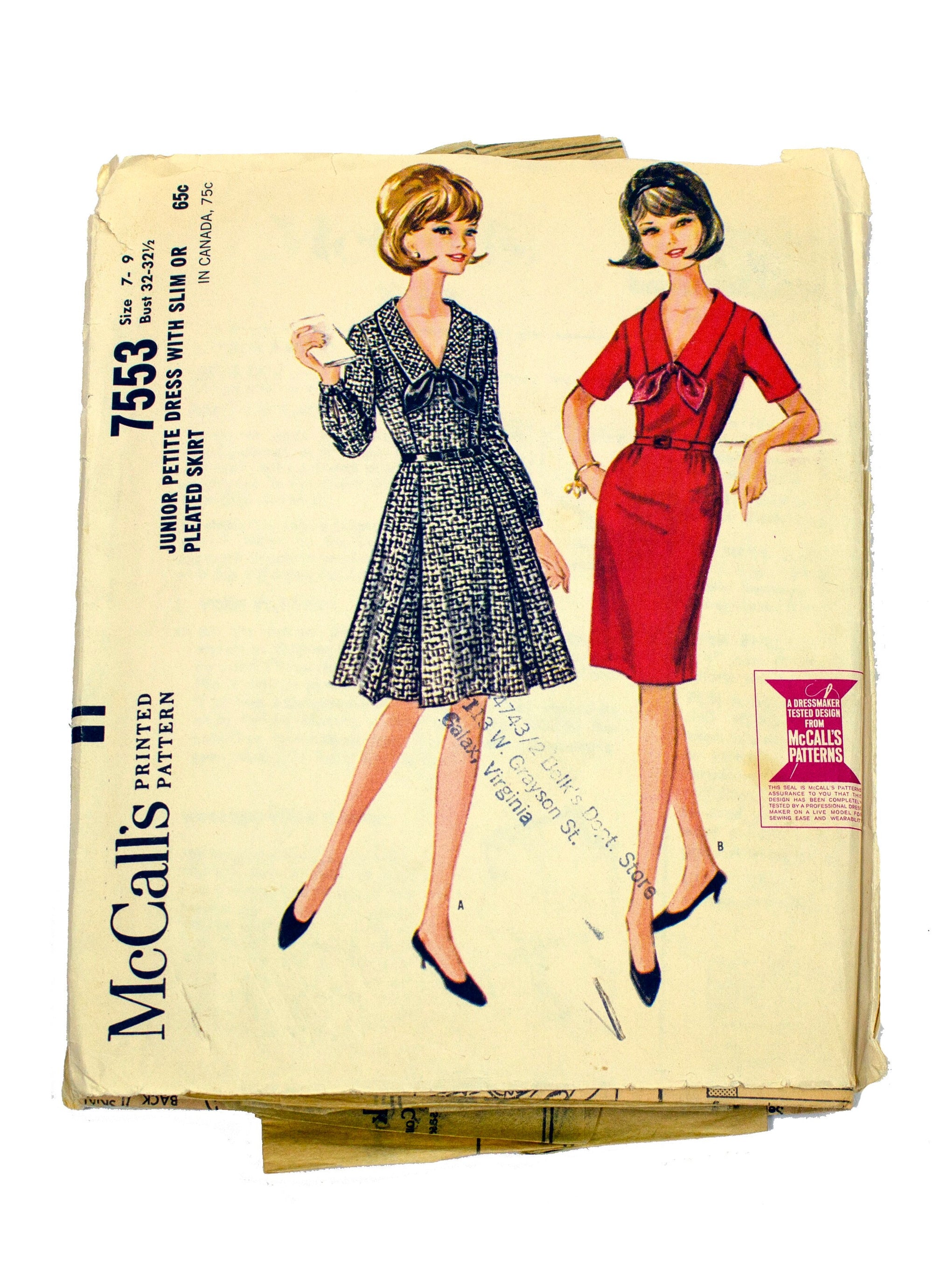 McCall's 7553 Women's Dress with Slim or Pleated Skirt - Sizes 7 - 9 Bust 32 - 32 1/2