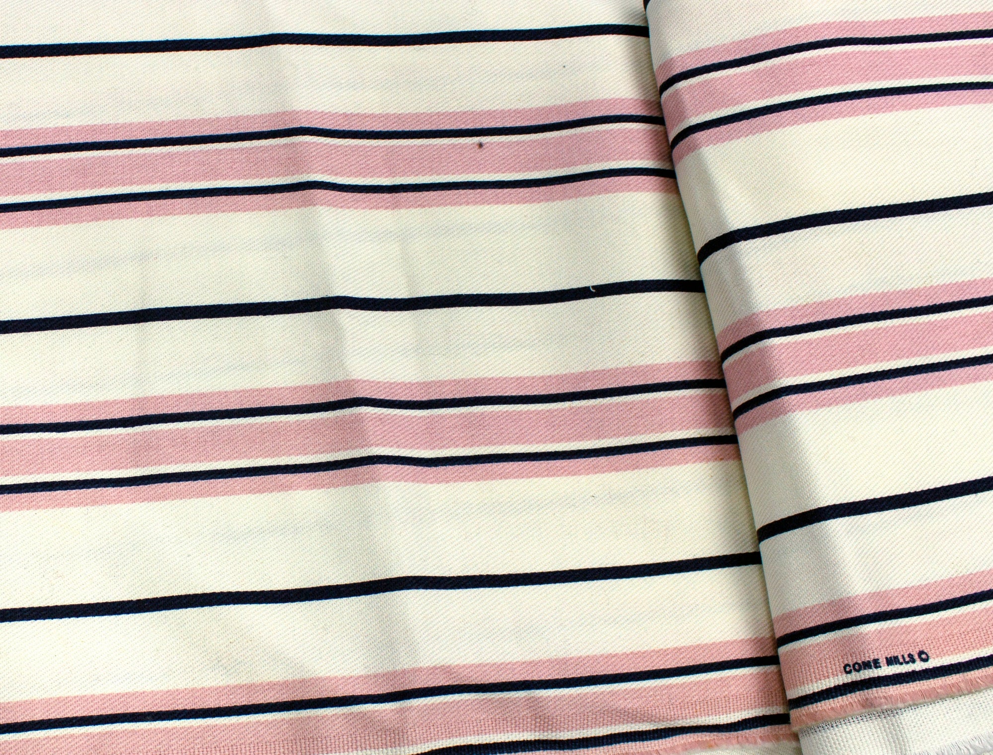 Vintage Fabric Ivory with Navy and Pink Stripes - Measures 47" x 63"